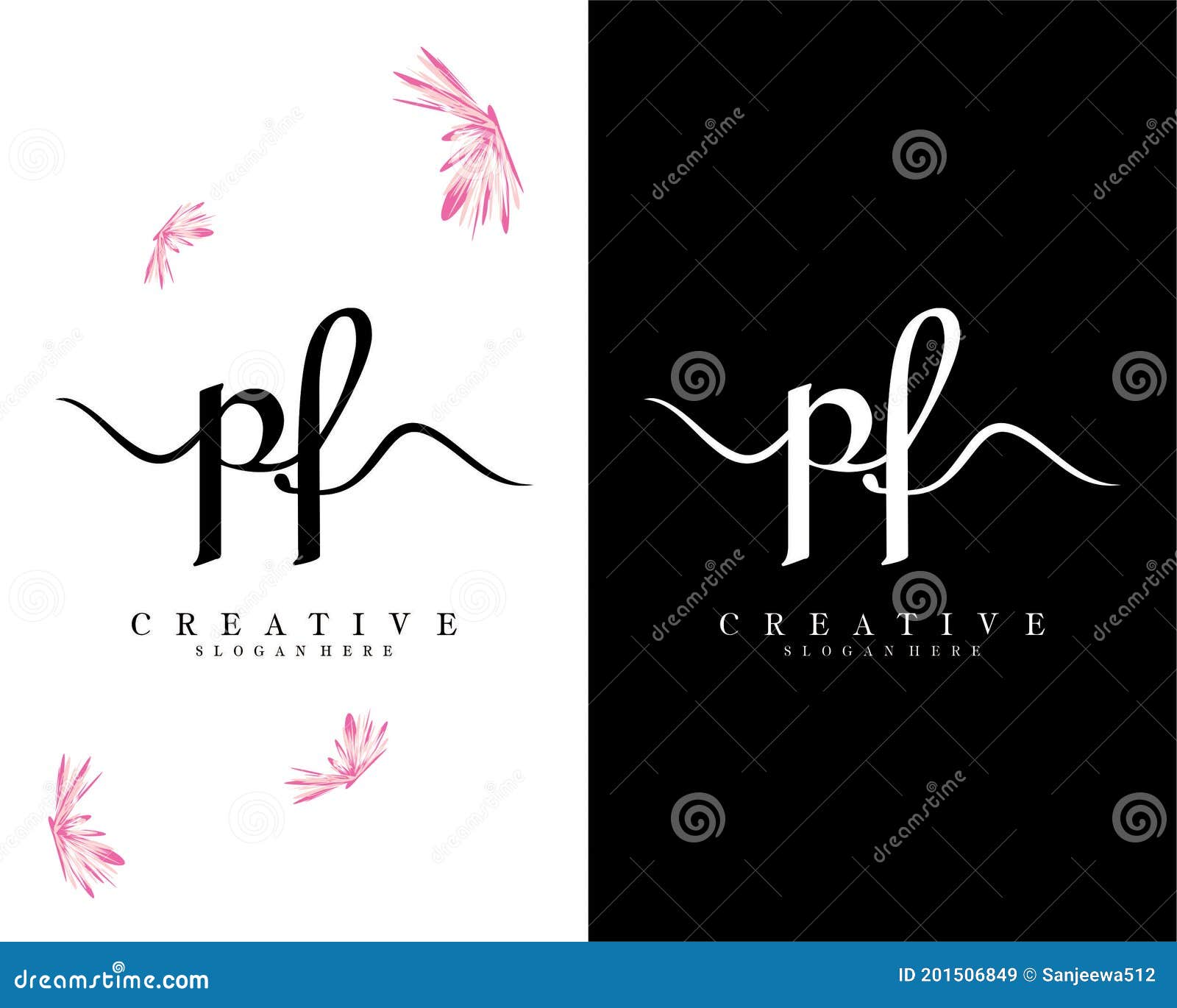 creative handwriting script letter pf, fp logo  