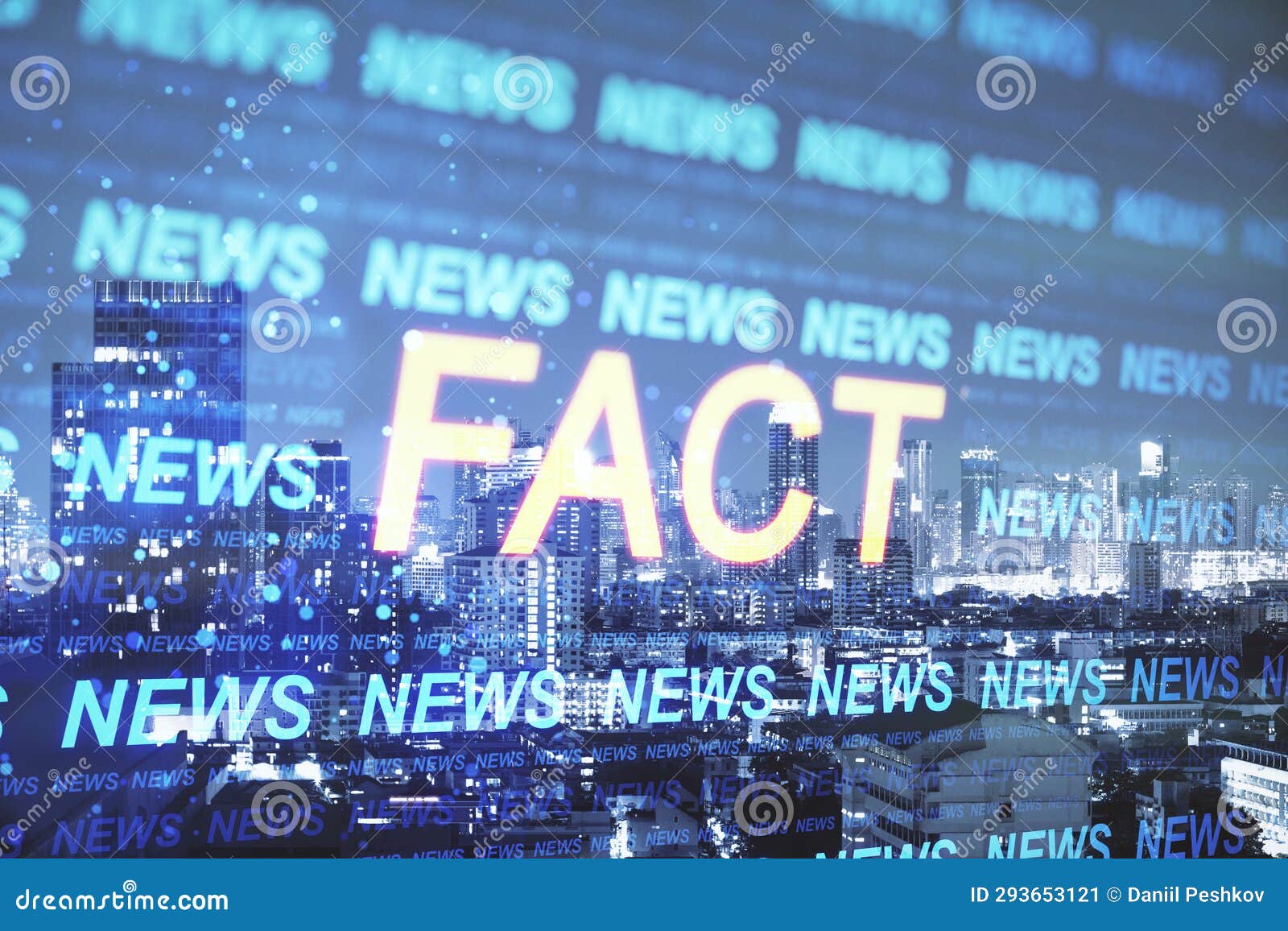 creative hi-tech news hologram on blurry city background with bright 'fact' word. television, factual news and digital