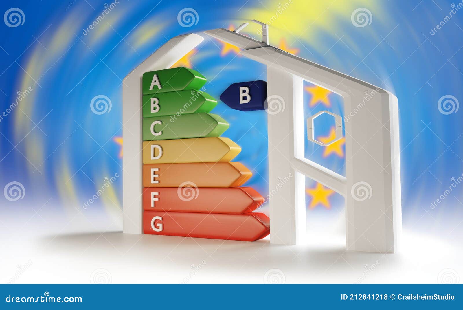 creative house and blurred european  background with energy-label from a to g from green to red 3d-