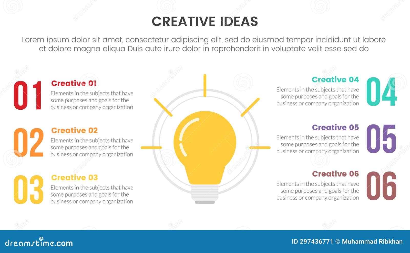 creative idea concept infographic 6 point stage template with lightbulb on center with big number text information for slide