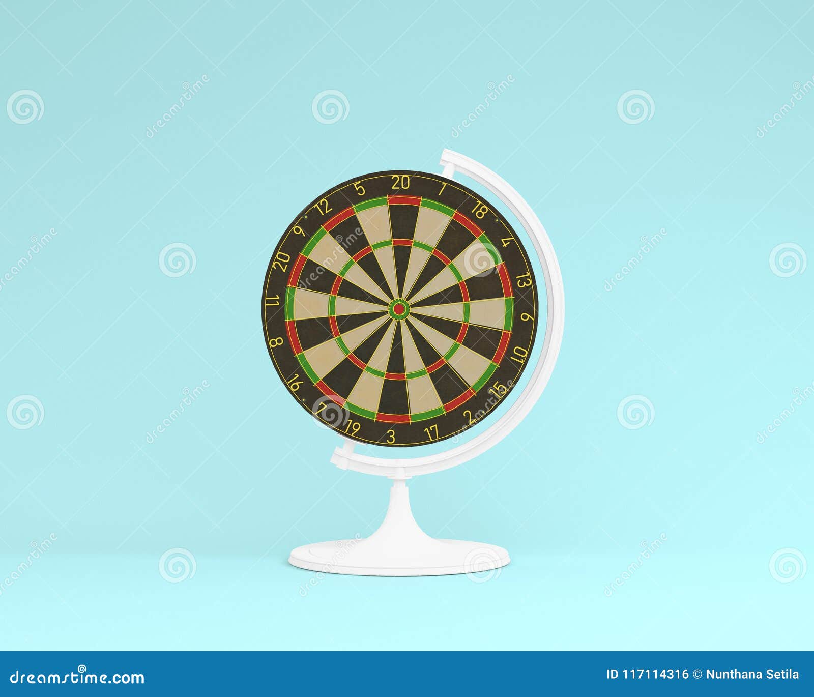 Creative Idea Layout Globe Sphere Orb Darts Board on Pastel Blue Stock