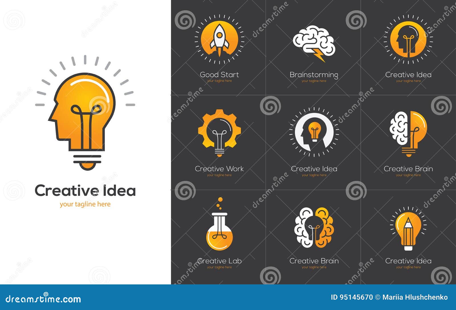 creative idea logo set with human head, brain, light bulb.