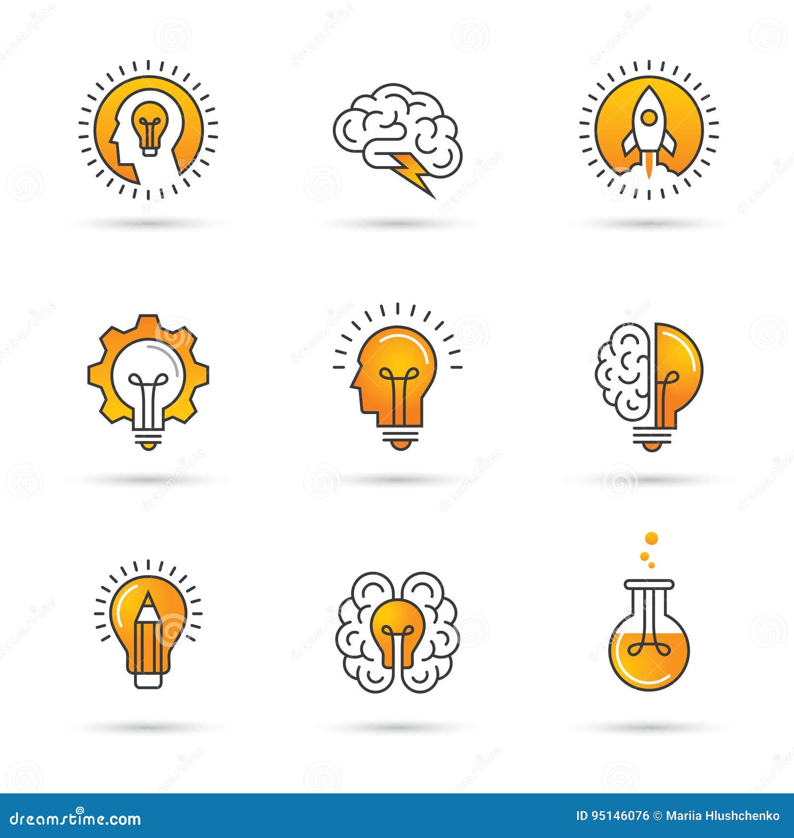 creative idea logo set with human head, brain, light bulb.