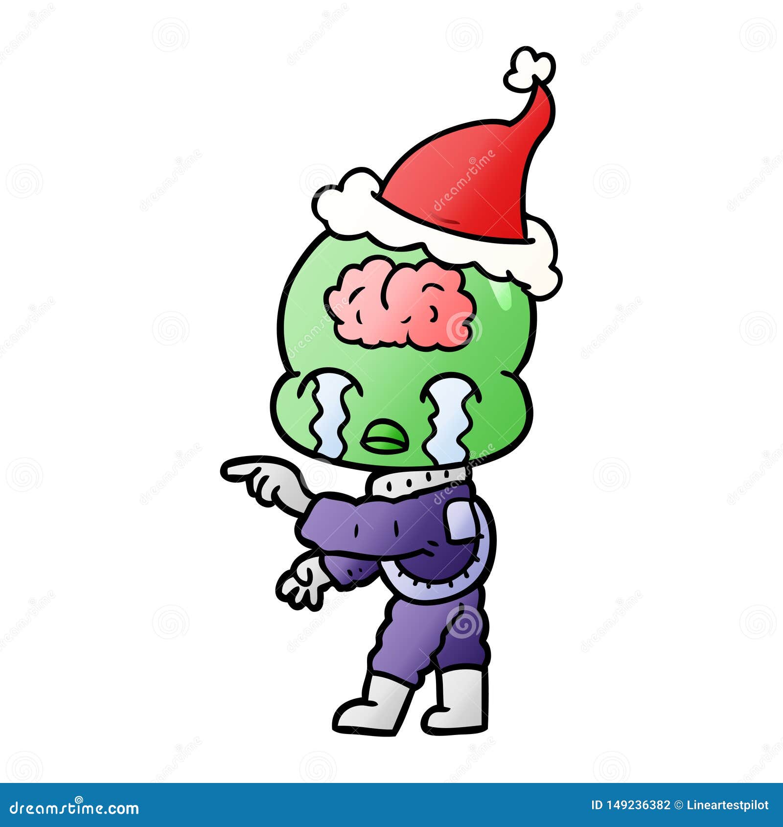 Gradient Cartoon of a Big Brain Alien Crying and Pointing Wearing Santa ...
