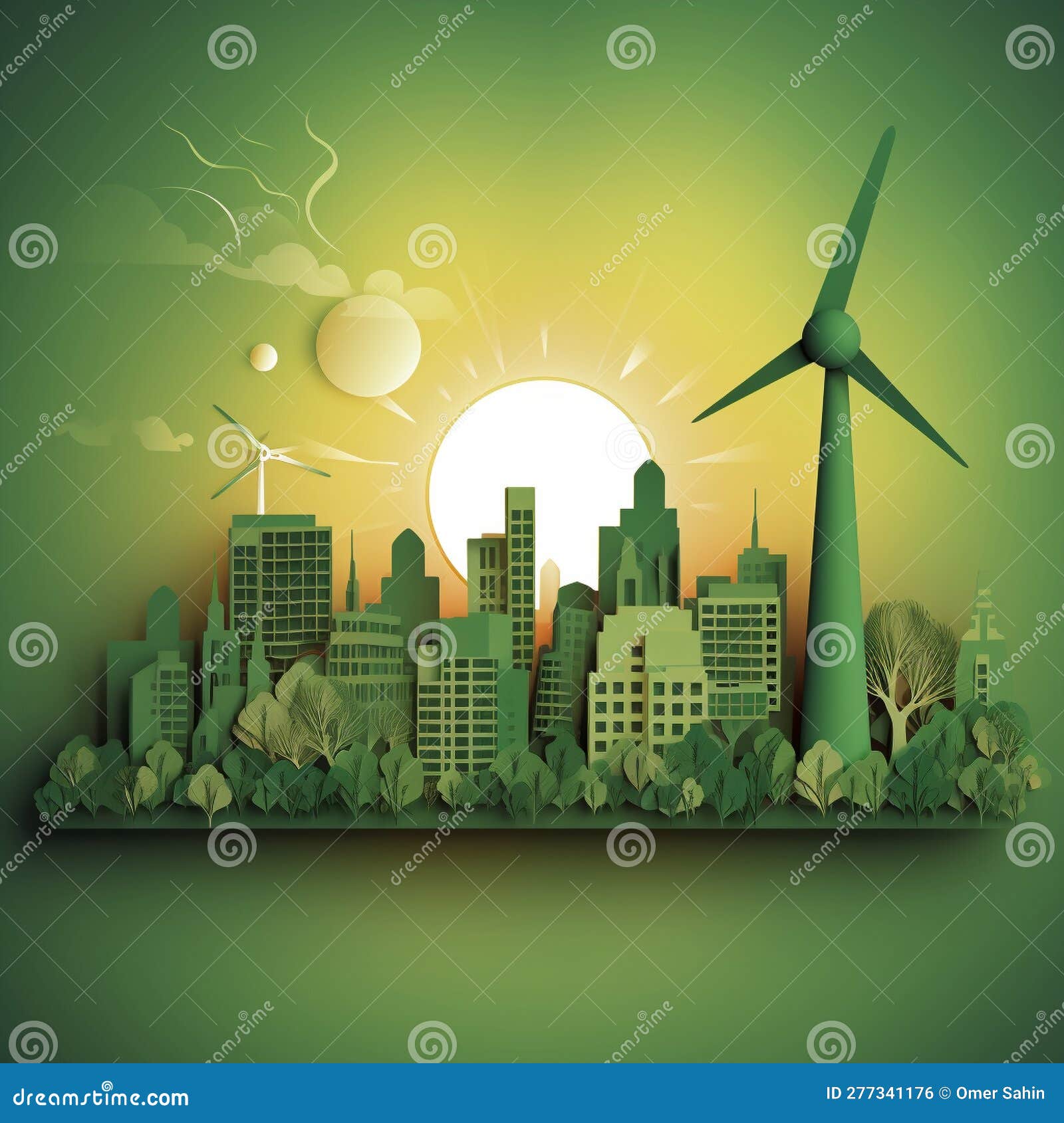 Paper Cutout of Light Bulb Against Eco City Backdrop with Renewable