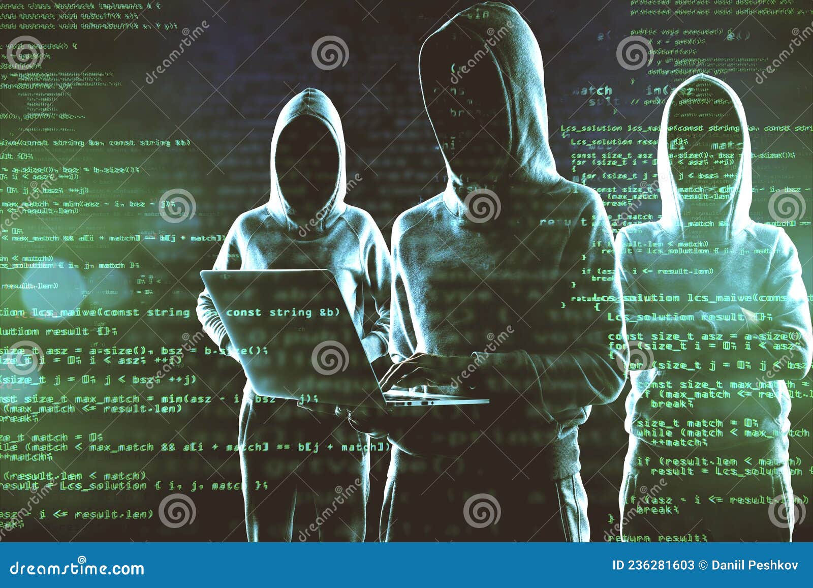 Creative Image of a Group of Hackers in Hoodies Standing on Abstract