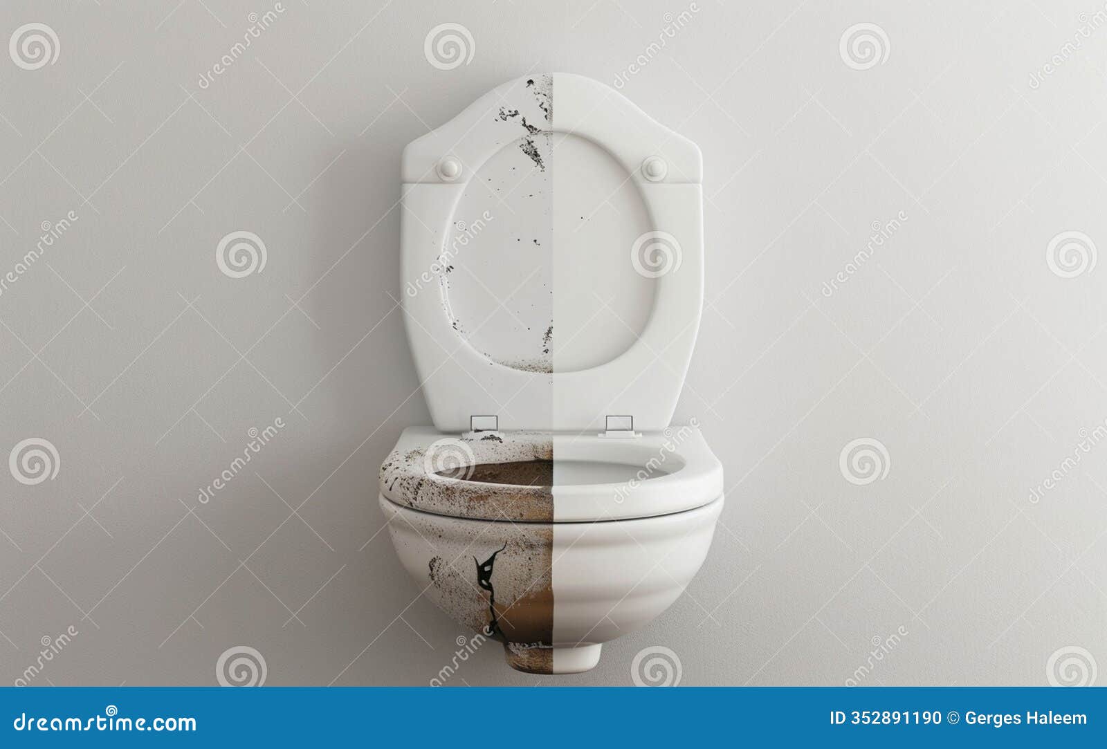 split view of a toilet, half clean and half dirty, showcasing contrasting cleanliness.