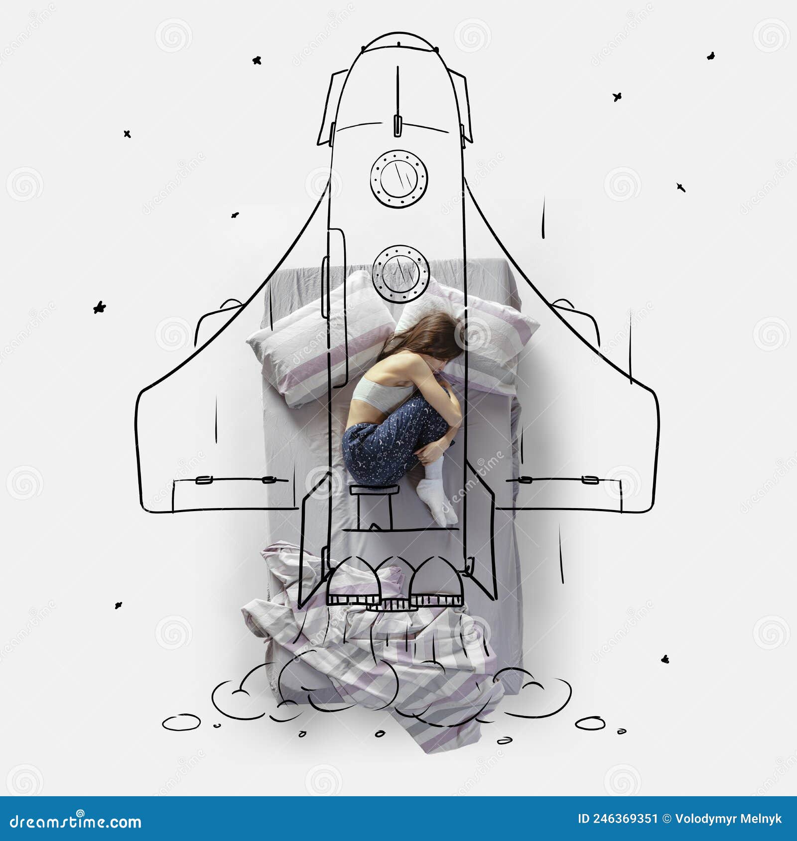 Creative Image. Top View of Young Woman Lying on Bed, Sleeping