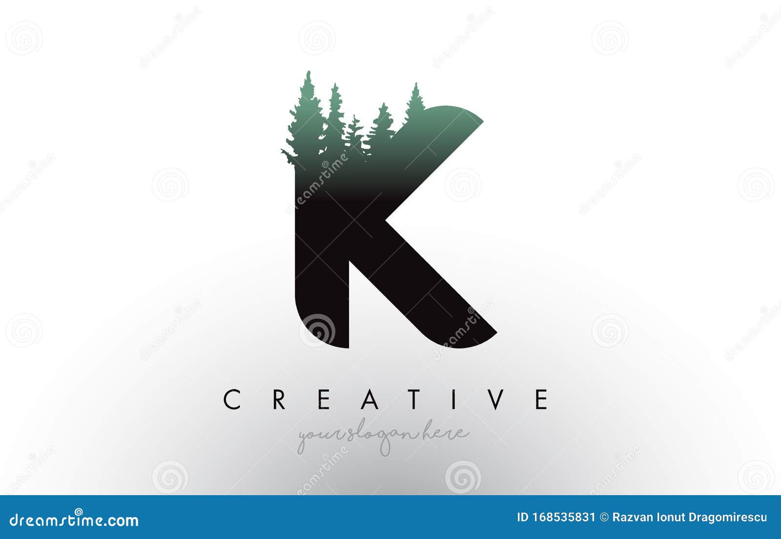 Creative K Letter Logo Idea with Pine Forest Trees. Letter K Design