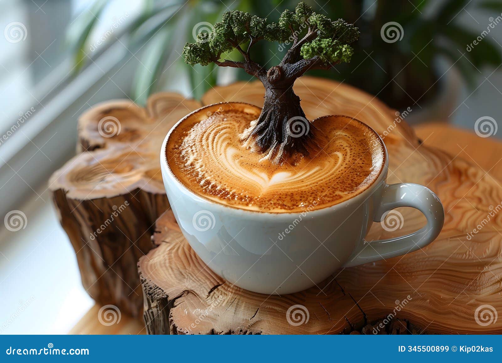 creative latte art with bonsai tree  on wooden table for coffee enthusiasts generative ai