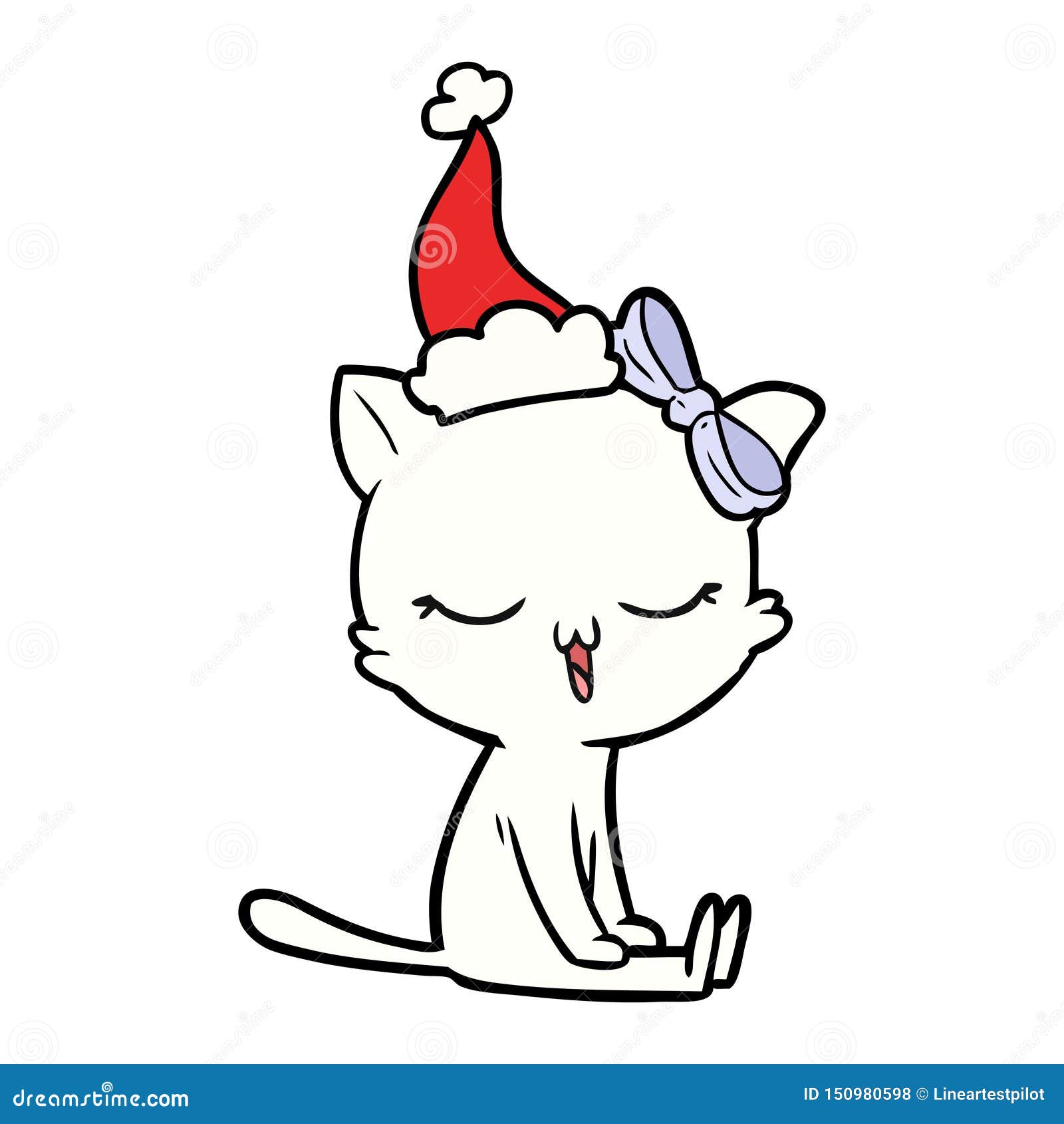 A Creative Line Drawing of a Cat with Bow on Head Wearing Santa Hat