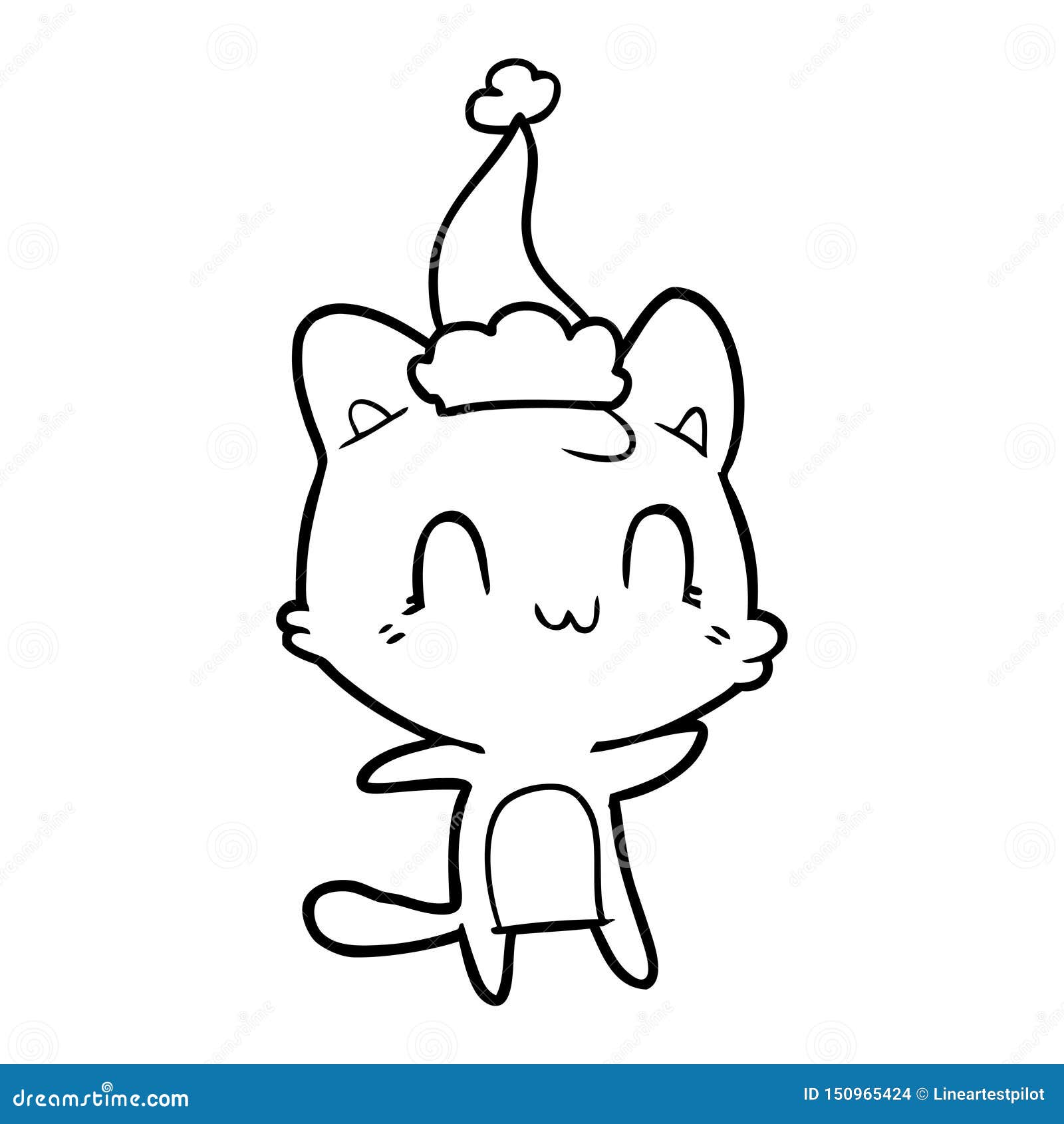 A Creative Line Drawing of a Happy Cat Wearing Santa Hat Stock Vector