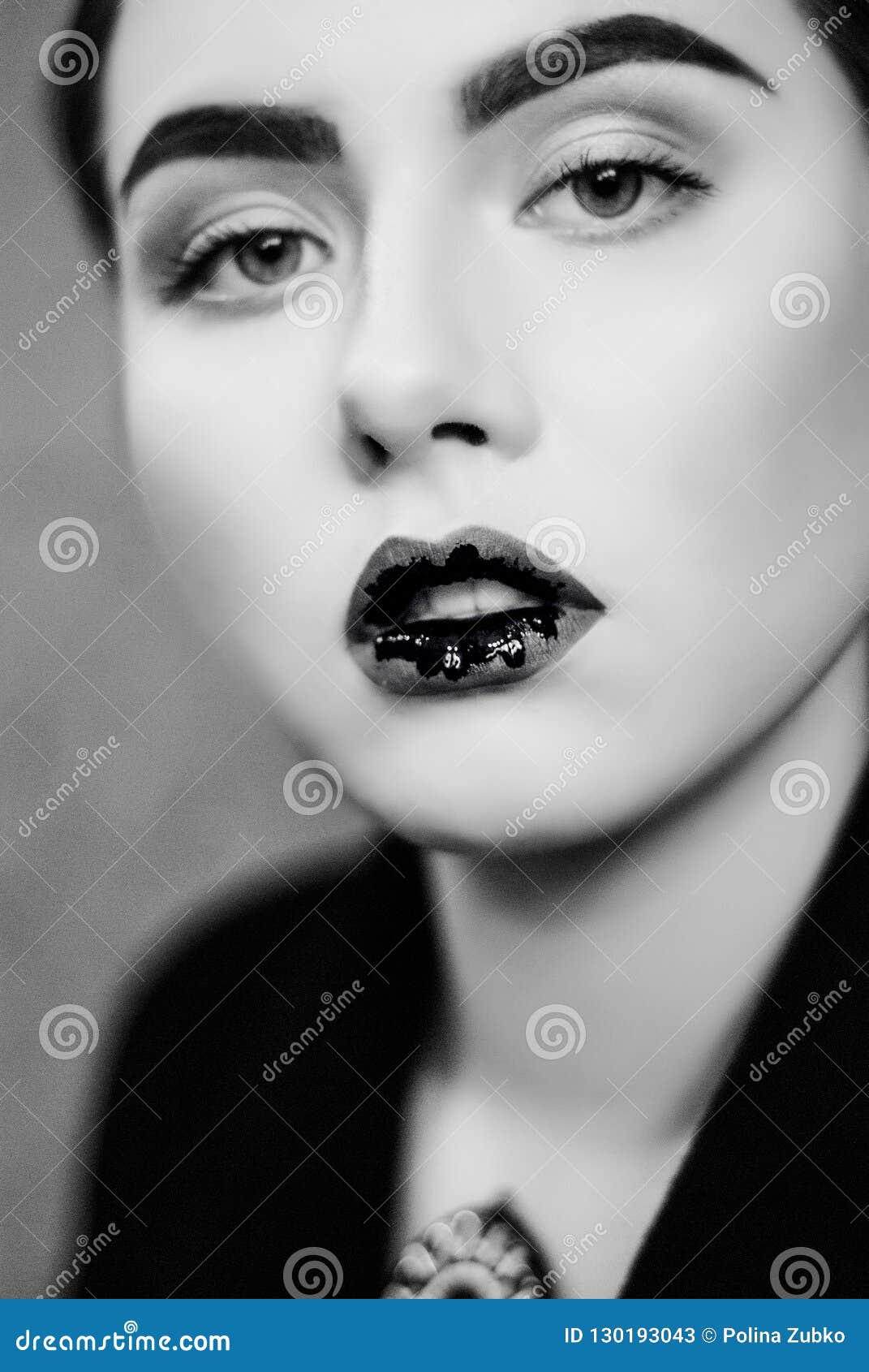 Creative Make Up of Black Liquid Lips in Close Up Black and White Photo ...