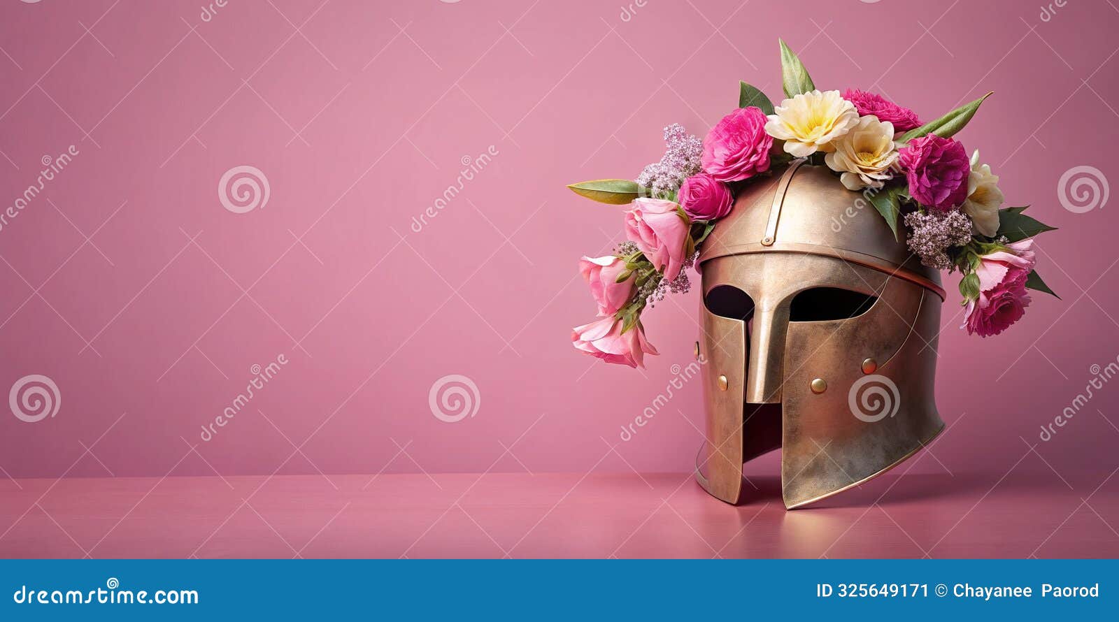 creative minimal idea made of spartan helmet and flowers on a pink background generative ai