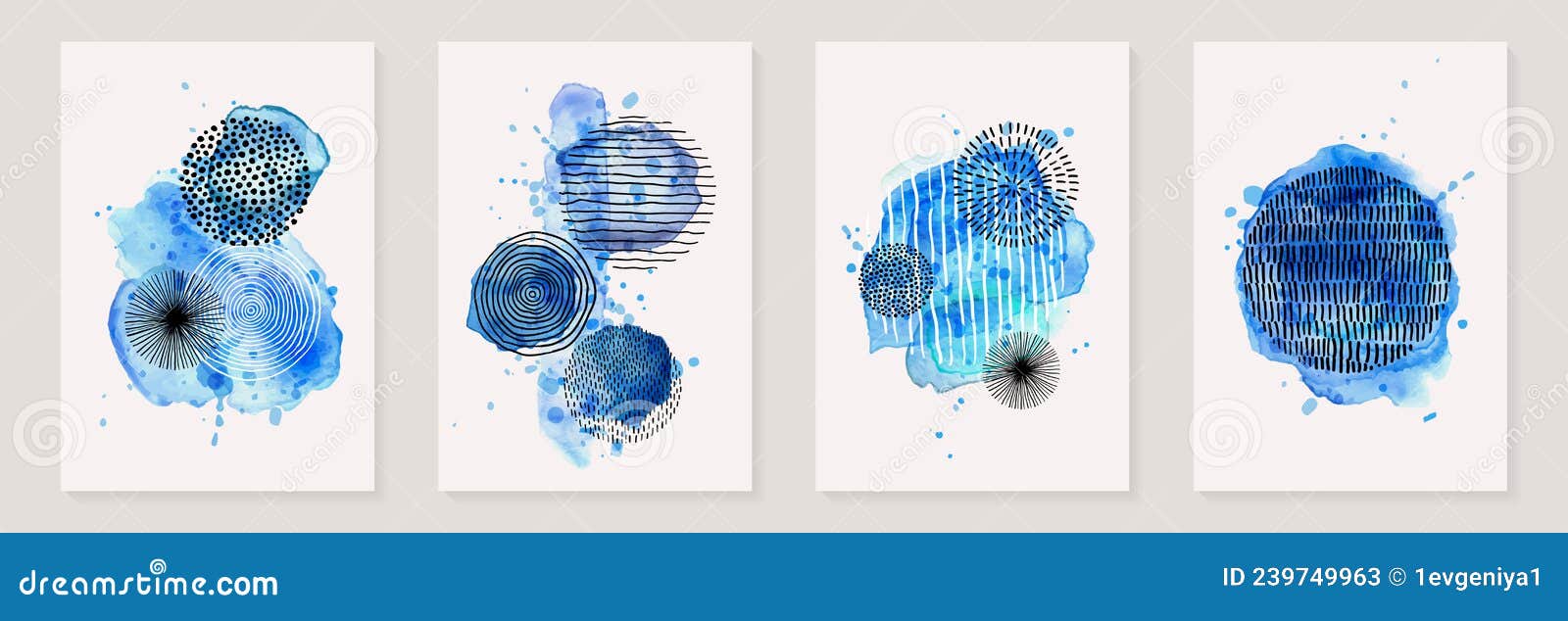 creative minimalist hand painted abstract art background with blue watercolor stain and hand drawn doodle golden color scribble