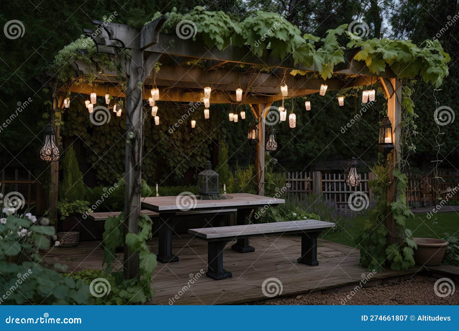 Creative Pergola with Climbing Vines and Hanging Lanterns Stock Image