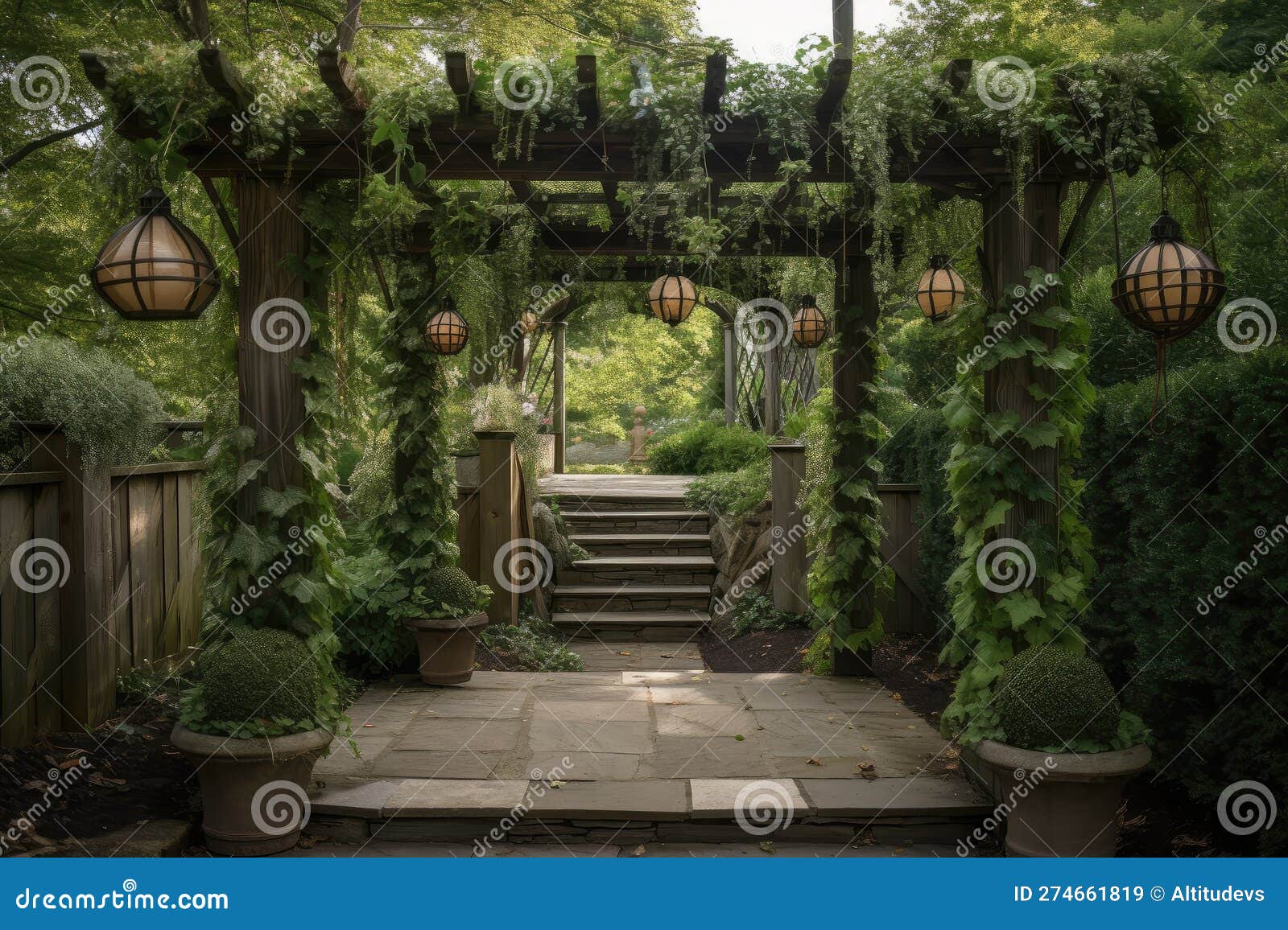 Creative Pergola with Climbing Vines and Hanging Lanterns Stock Image