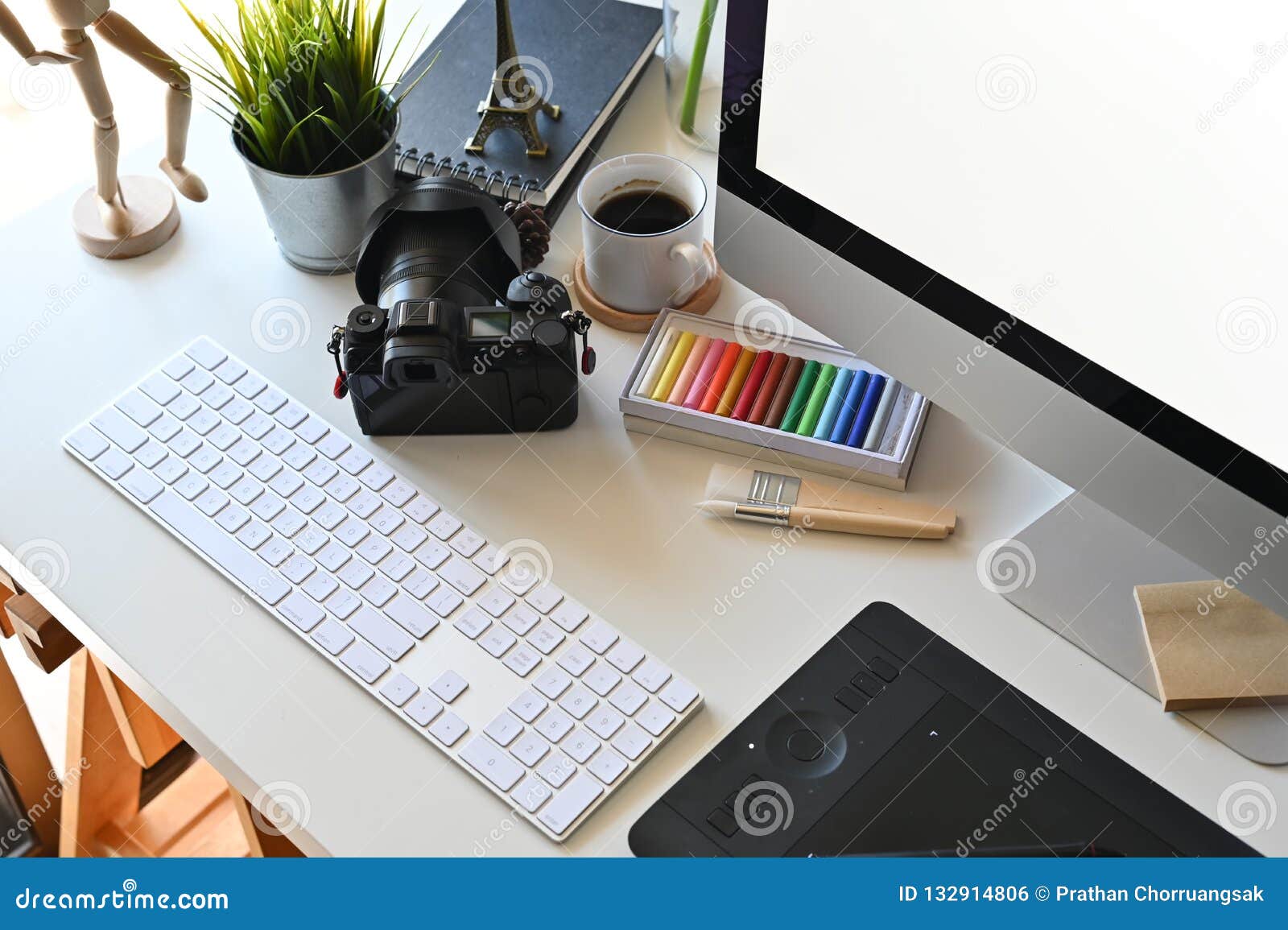 Creative Photography Workspace with Office Desk Table Stock Photo