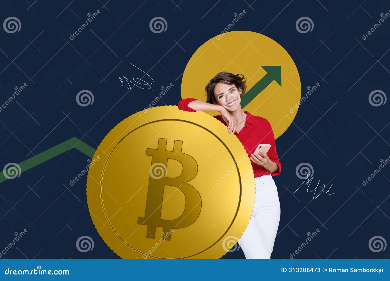 creative picture collage young pretty girl bitoin trader successful results rising arrow charts drawing background