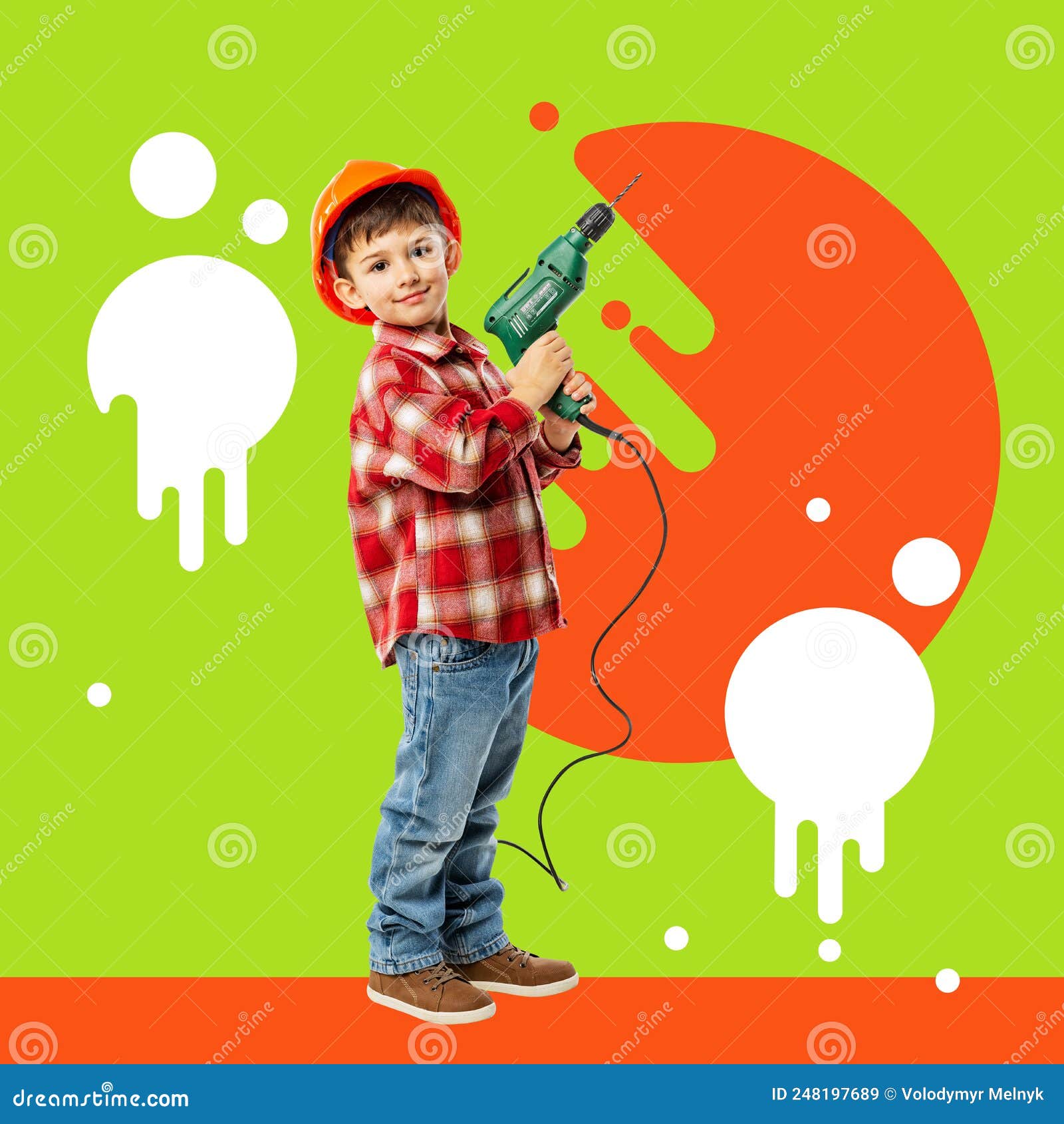 creative portrait of cute little boy, kid in image of builder, er in orange protective helmet using work tools