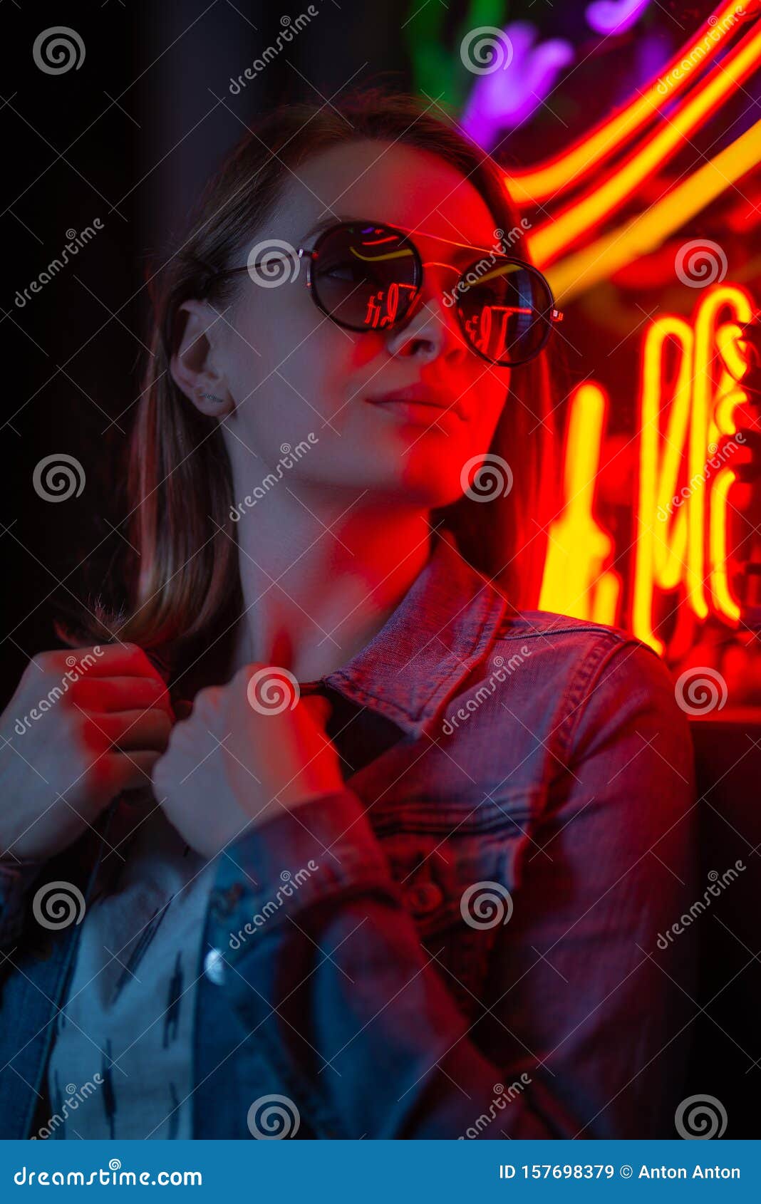 Creative Portrait of a Girl in Neon Lighting with Glasses Stock Image ...