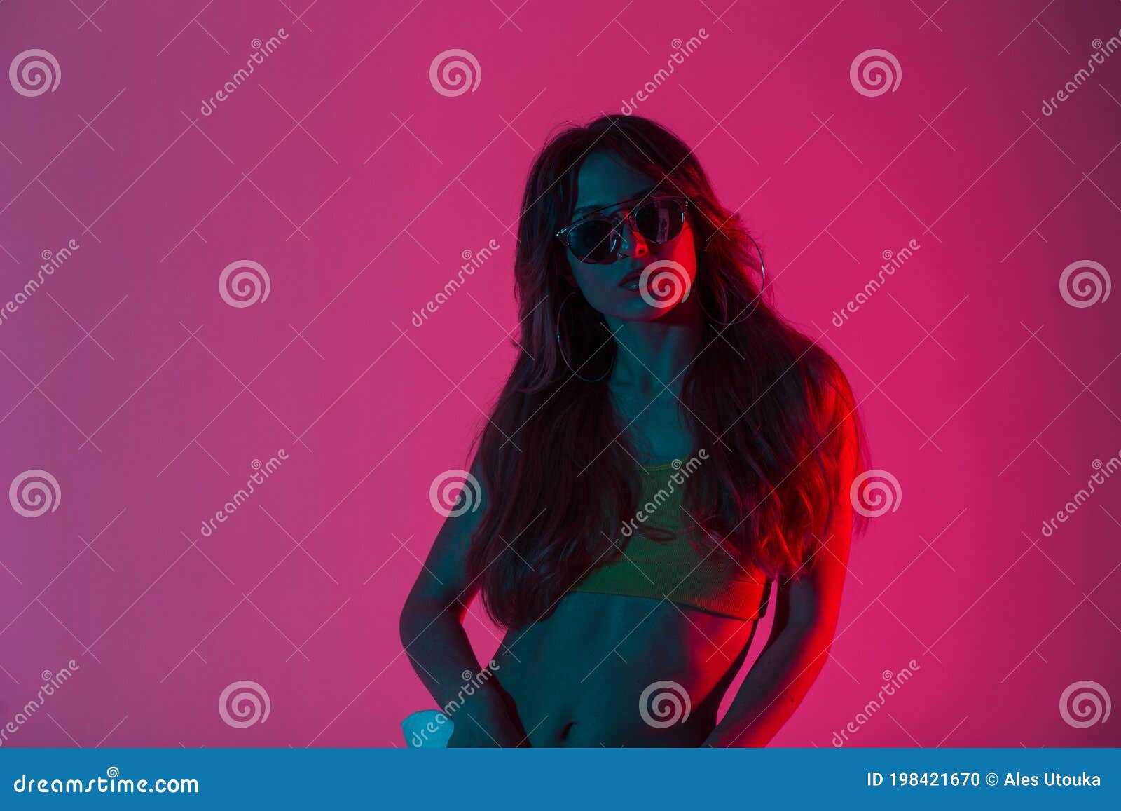 Creative Portrait Young Woman Hipster In Sunglasses In A Fashionable Top With Long Chic Hair 