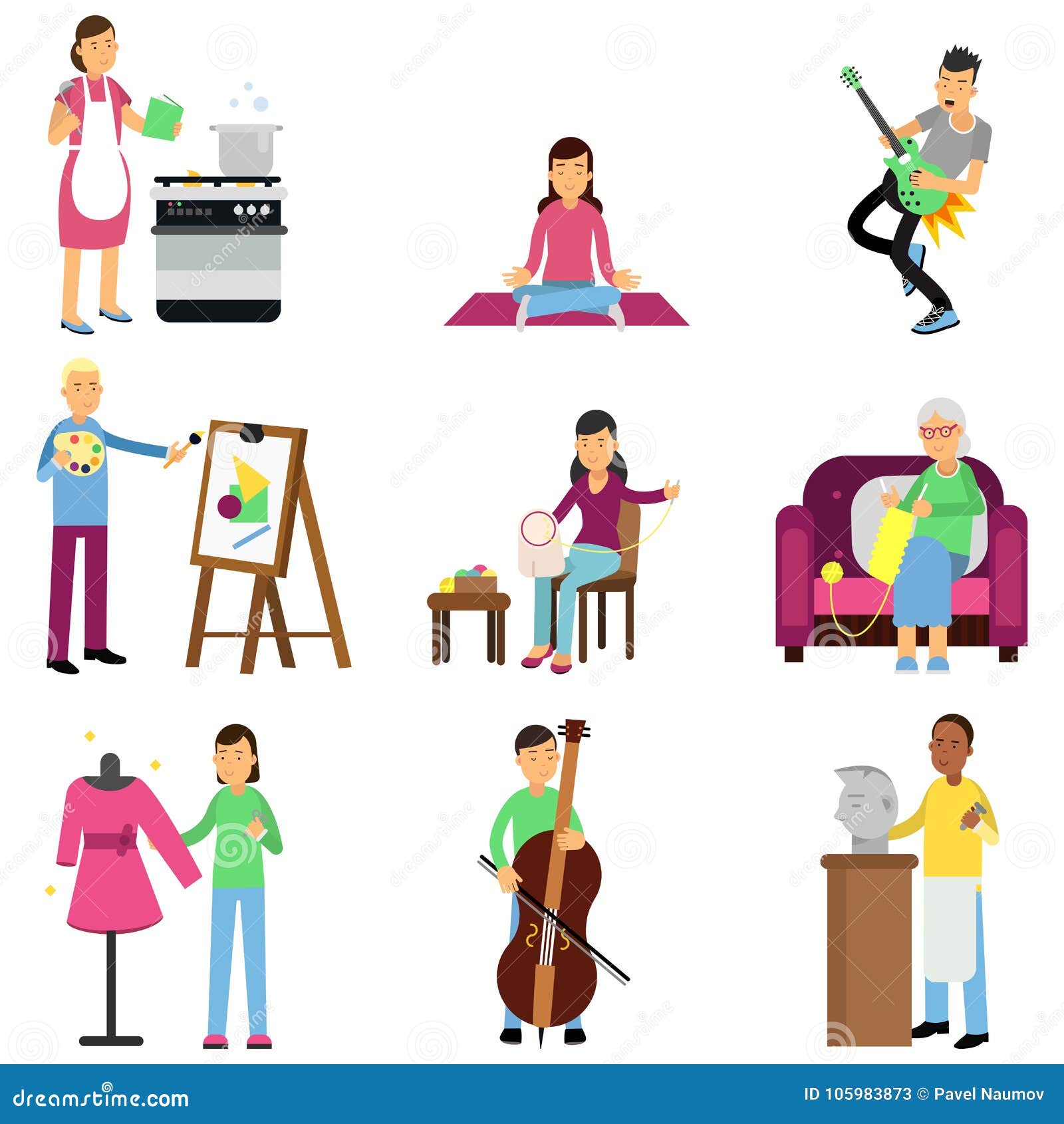 Creative Set of Adult People and Their Hobbies. Cooking, Painting, Playing  Guitar and Bass, Embroidery, Knitting, Sewing Stock Vector - Illustration  of favorite, abstract: 105983873