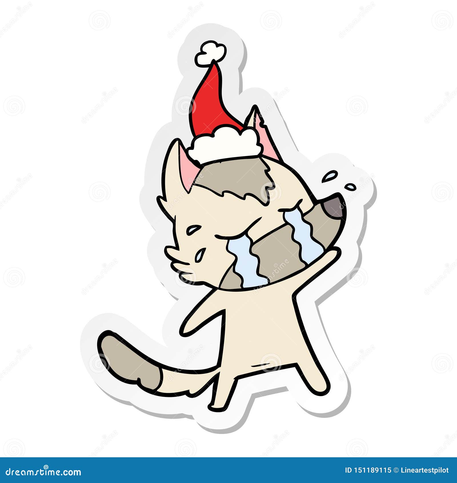 A Creative Sticker Cartoon of a Crying Wolf Wearing Santa Hat Stock ...