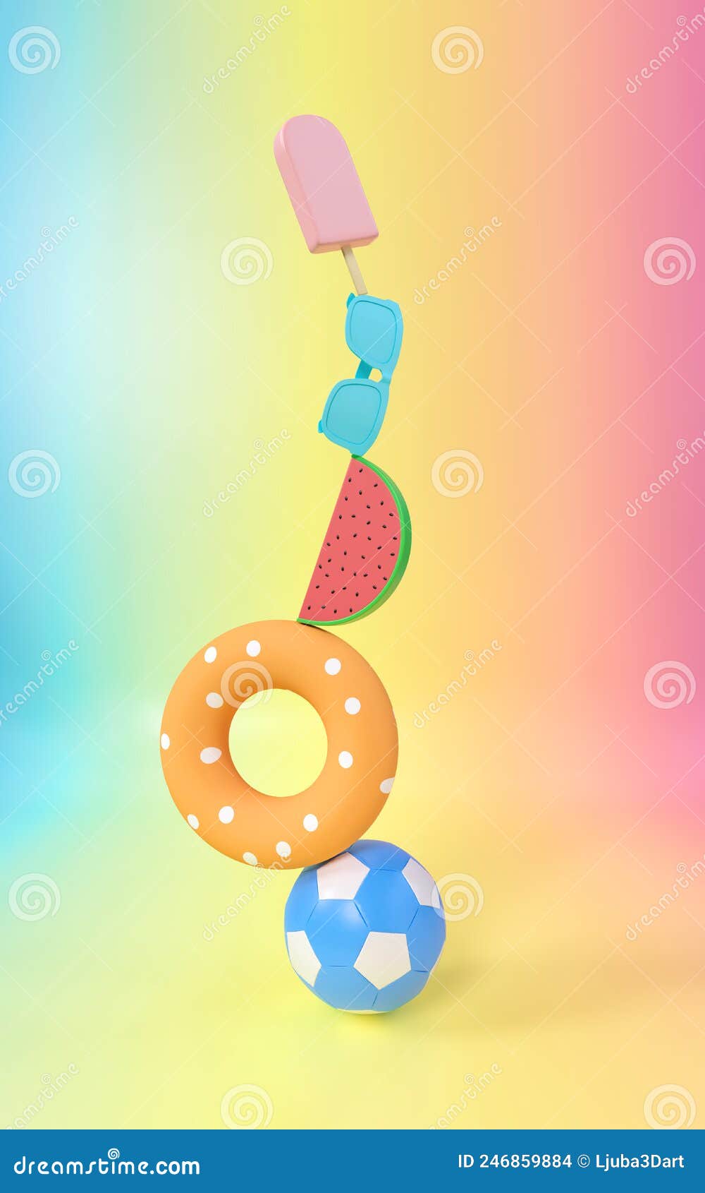 creative summer beach party concept on colorful background. 3d  of ice cream, ball, watermelon, sunglasse and float