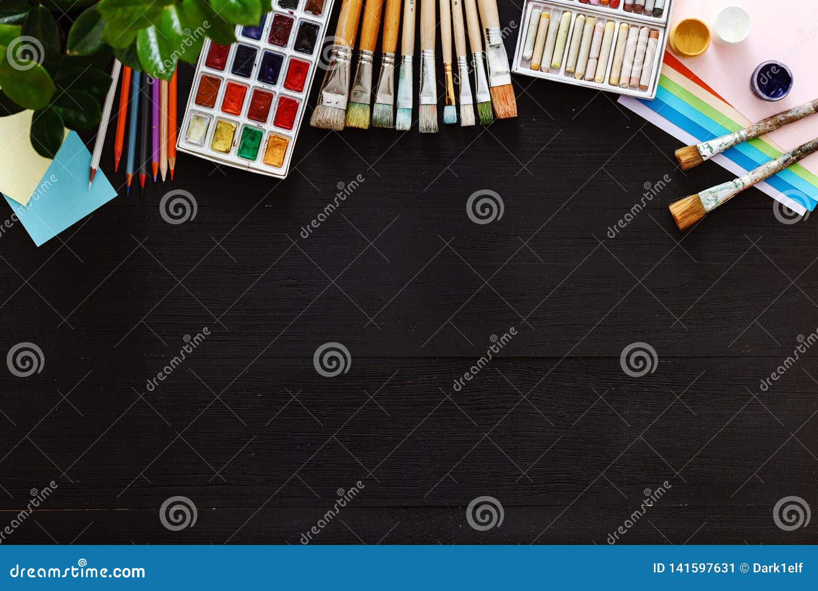 Creative Art Painting Drawing Supplies Tools Set on Wooden Desk Top