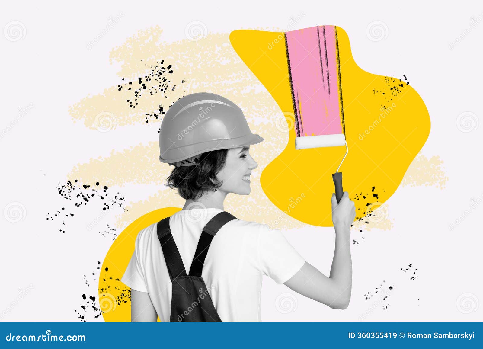 creative trend artwork  3d collage sketch of young lady smile wear helmet draw wall  uniform repair worker