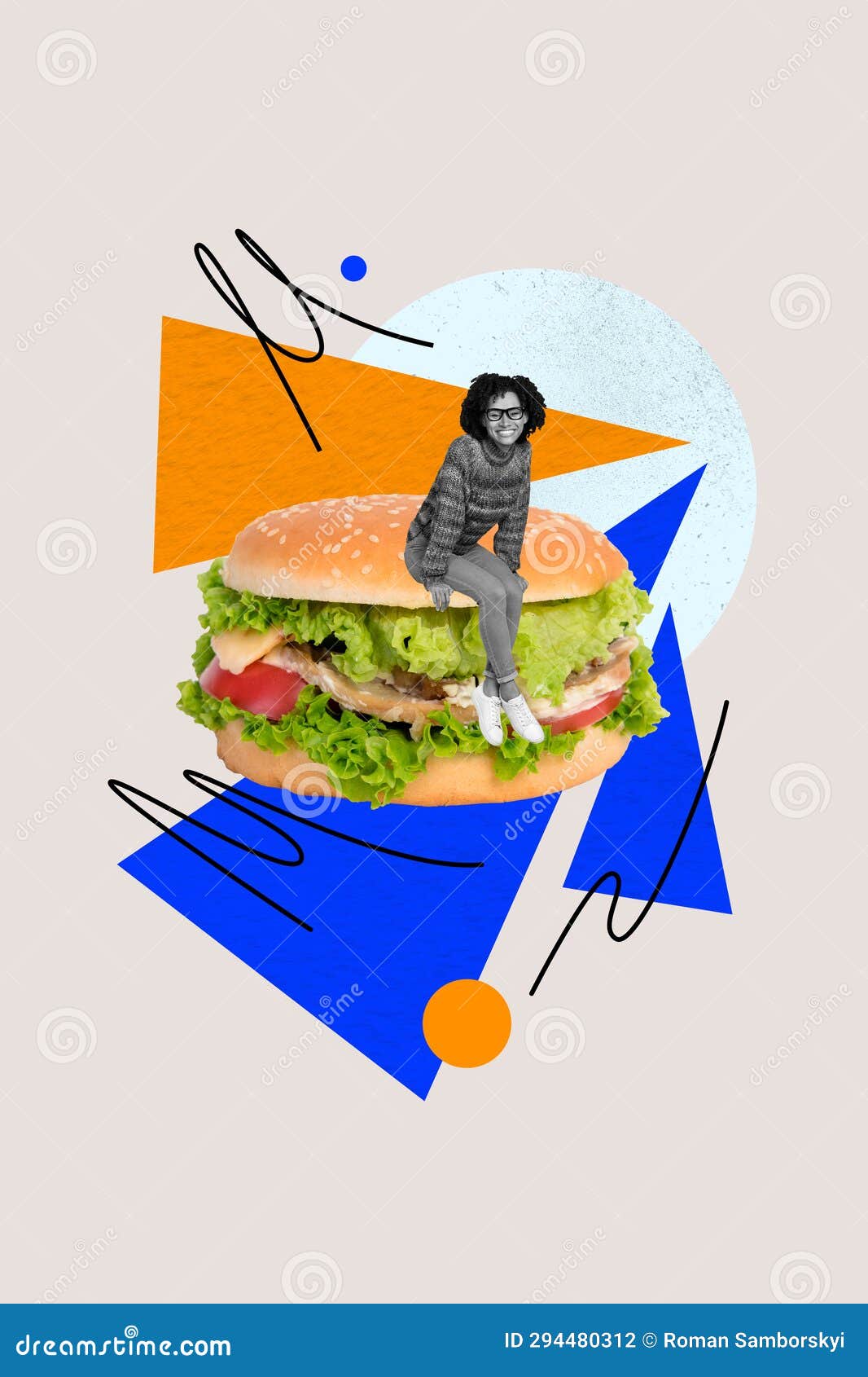 Creative Vertical Collage of Slim Girl Sitting on Huge Double Big Tasty ...