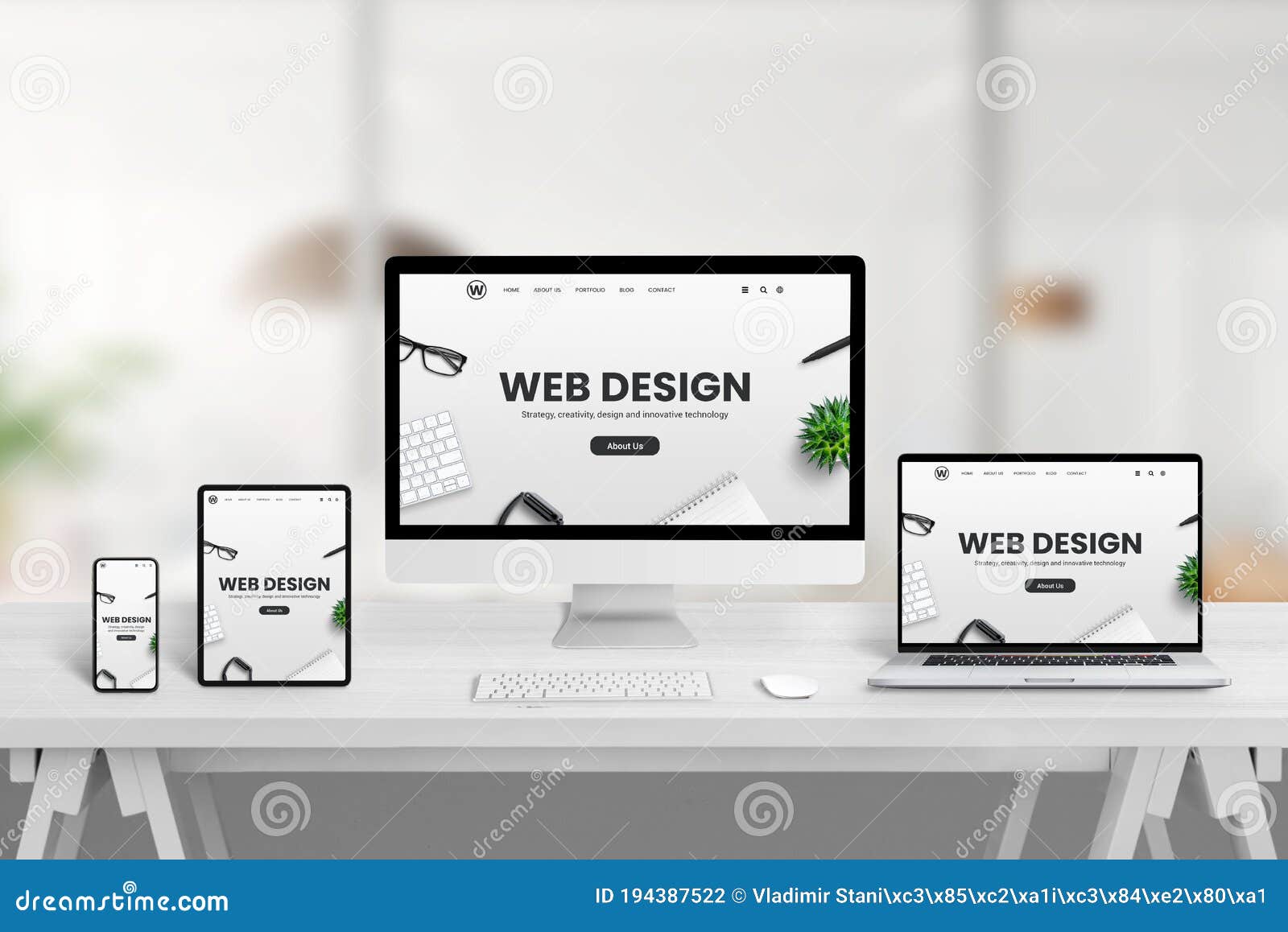 creative web  studio desk with different devices and responsive web page concept on device screens
