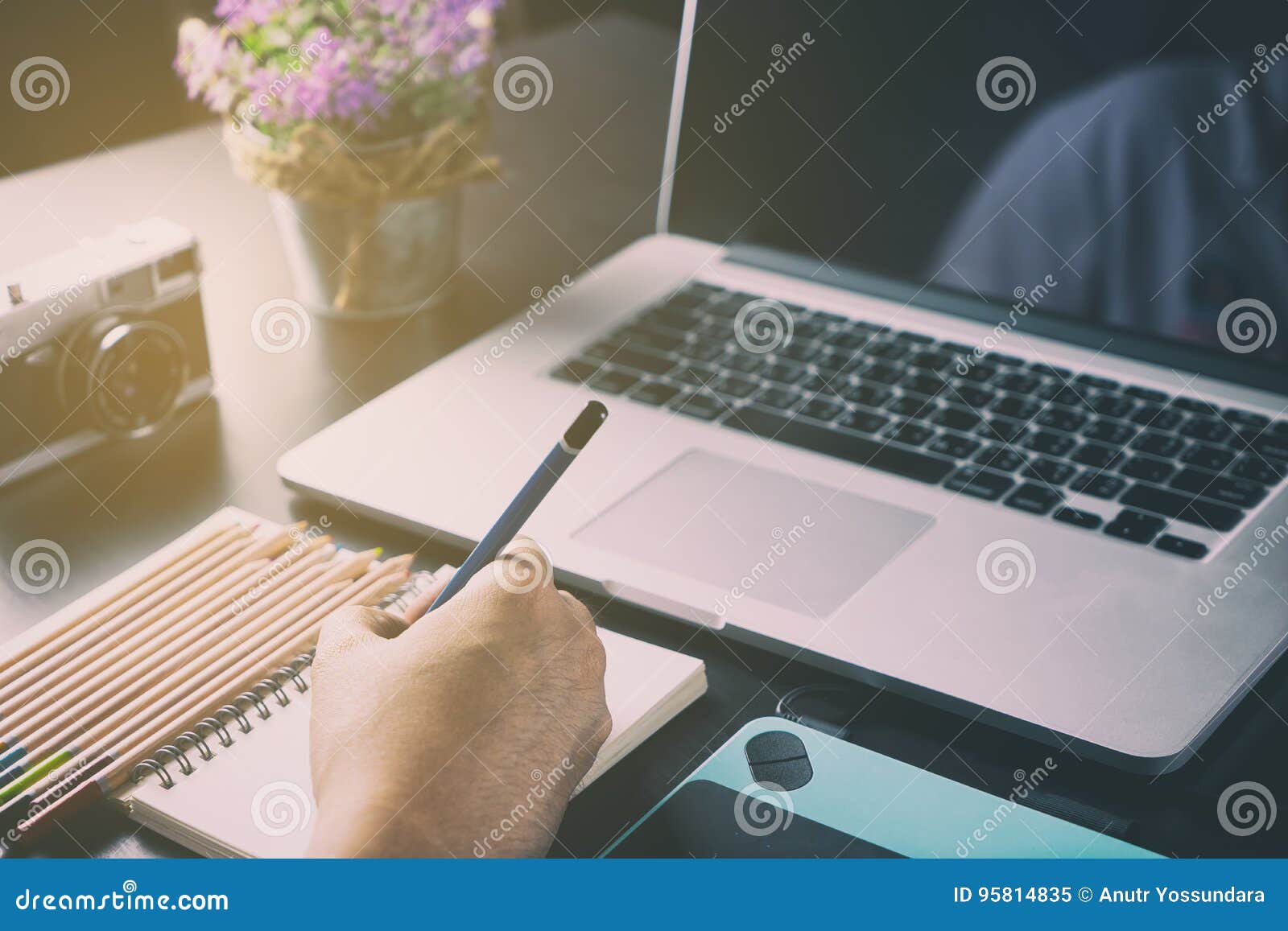Creative is Working on Desk with Art Accessories Tools Stock Image