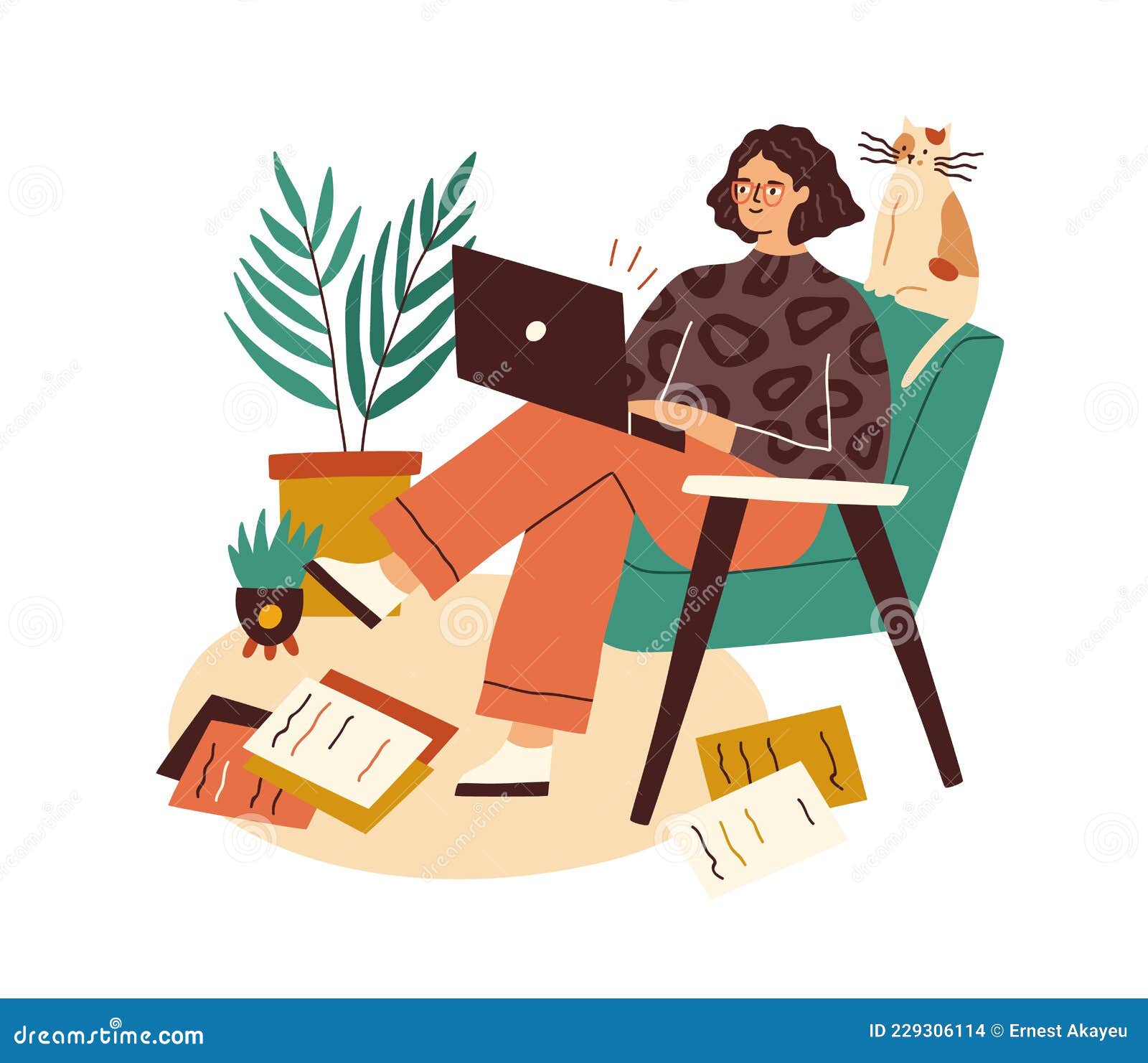 creative writer with laptop and scattered papers around. female author working with copies and computer. woman creating