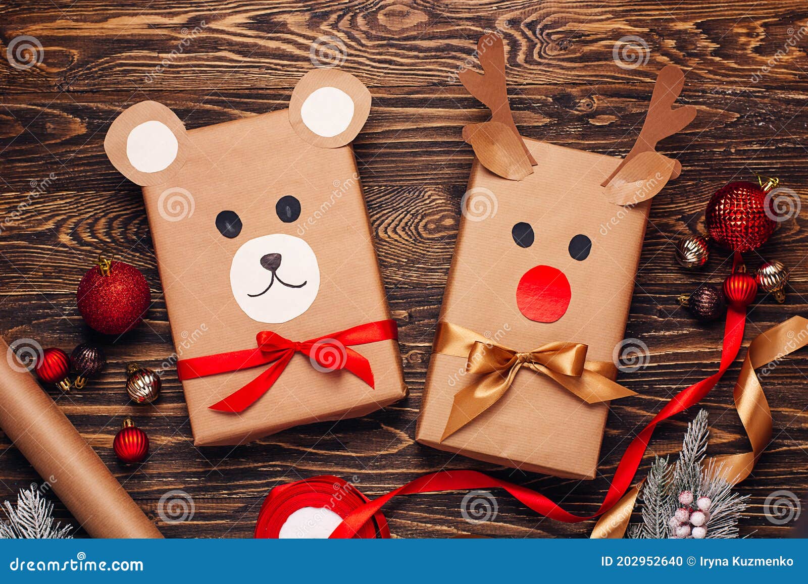 Creatively Wrapped Christmas Gifts in the Shape of a Teddy Bear and a