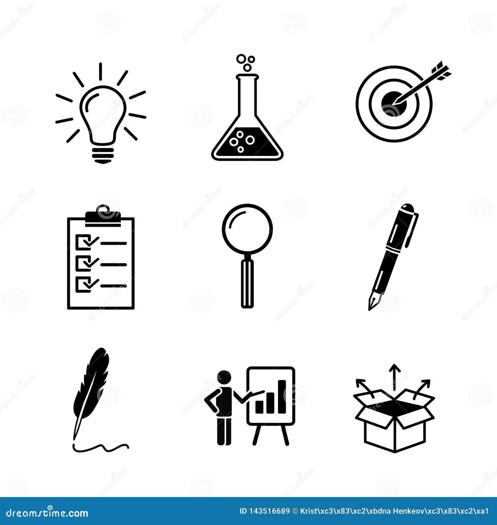 creativity, research, business idea development black icon set in flat solid style. ligtbulb, test tube, target, check