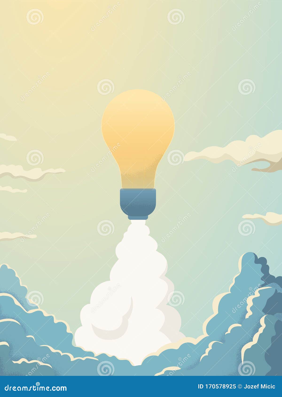 creativity  concept with lightbulb space rocket launch into space.  of innovation, invention, new business.