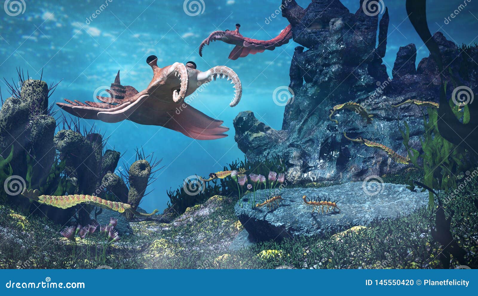 creatures of the cambrian period, underwater scene with anomalocaris, opabinia, hallucigenia, pirania and dinomischus 3d science