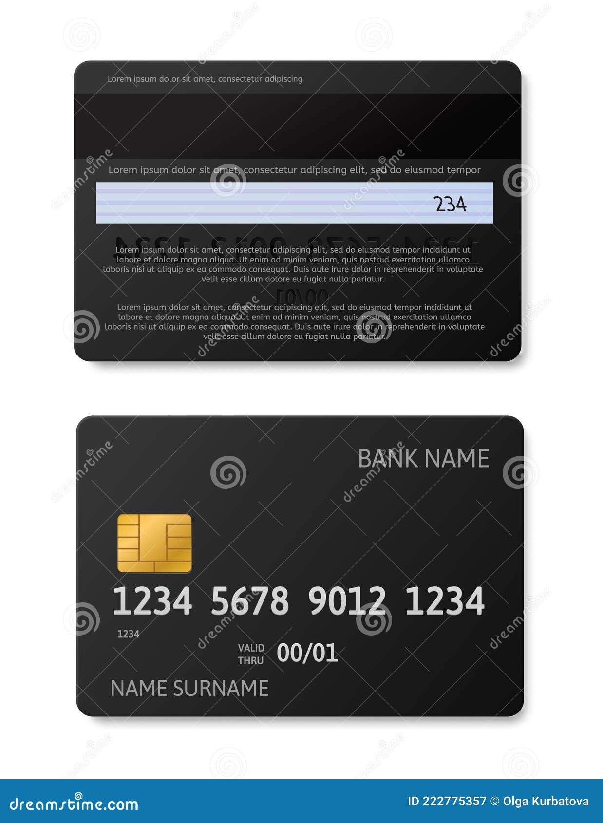 Credit Card Black. Debit Cards with Gold Chip Realistic, Front and Back ...