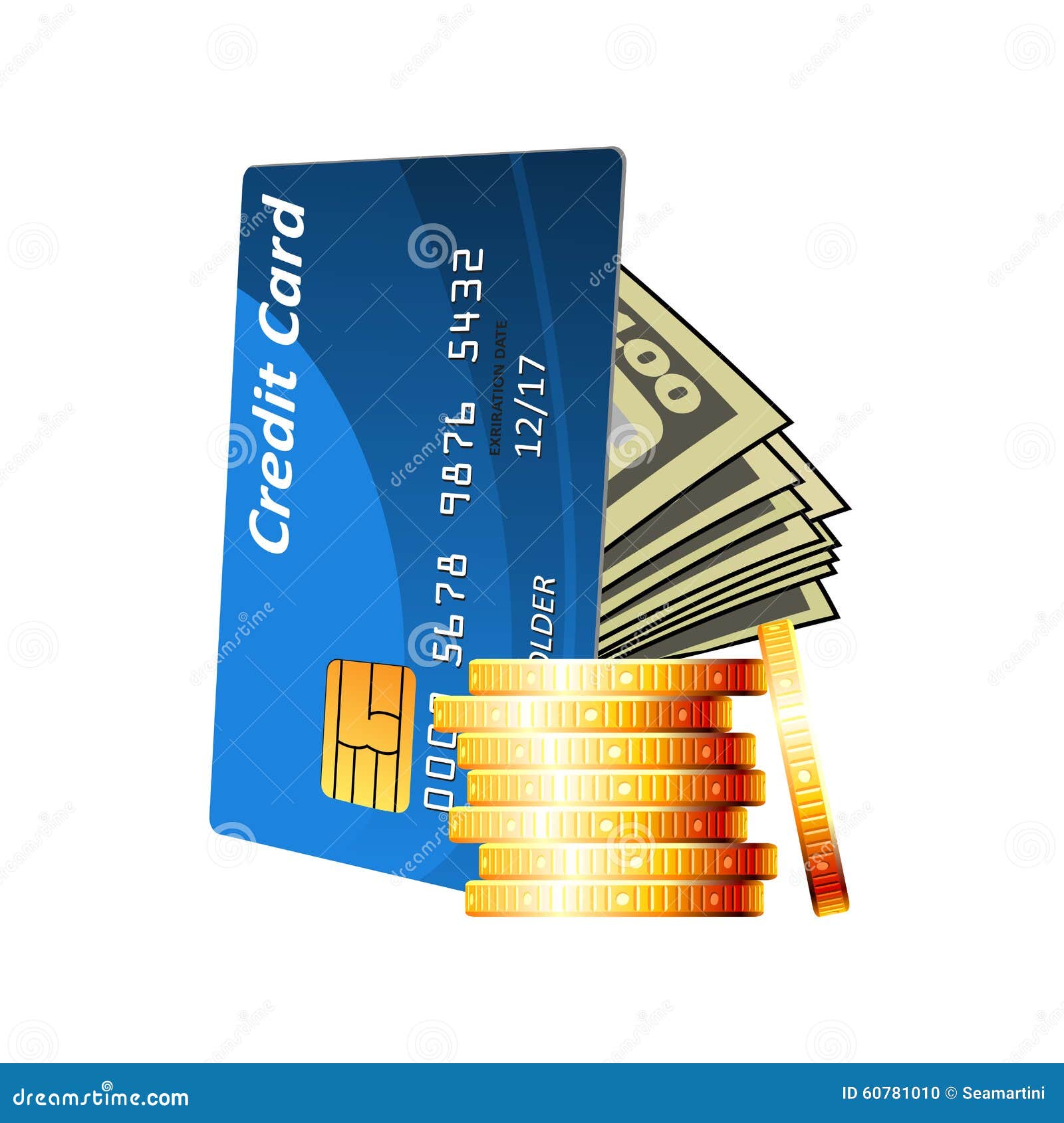 Credit Card with Cash and Golden Coins Stock Vector - Illustration of ...