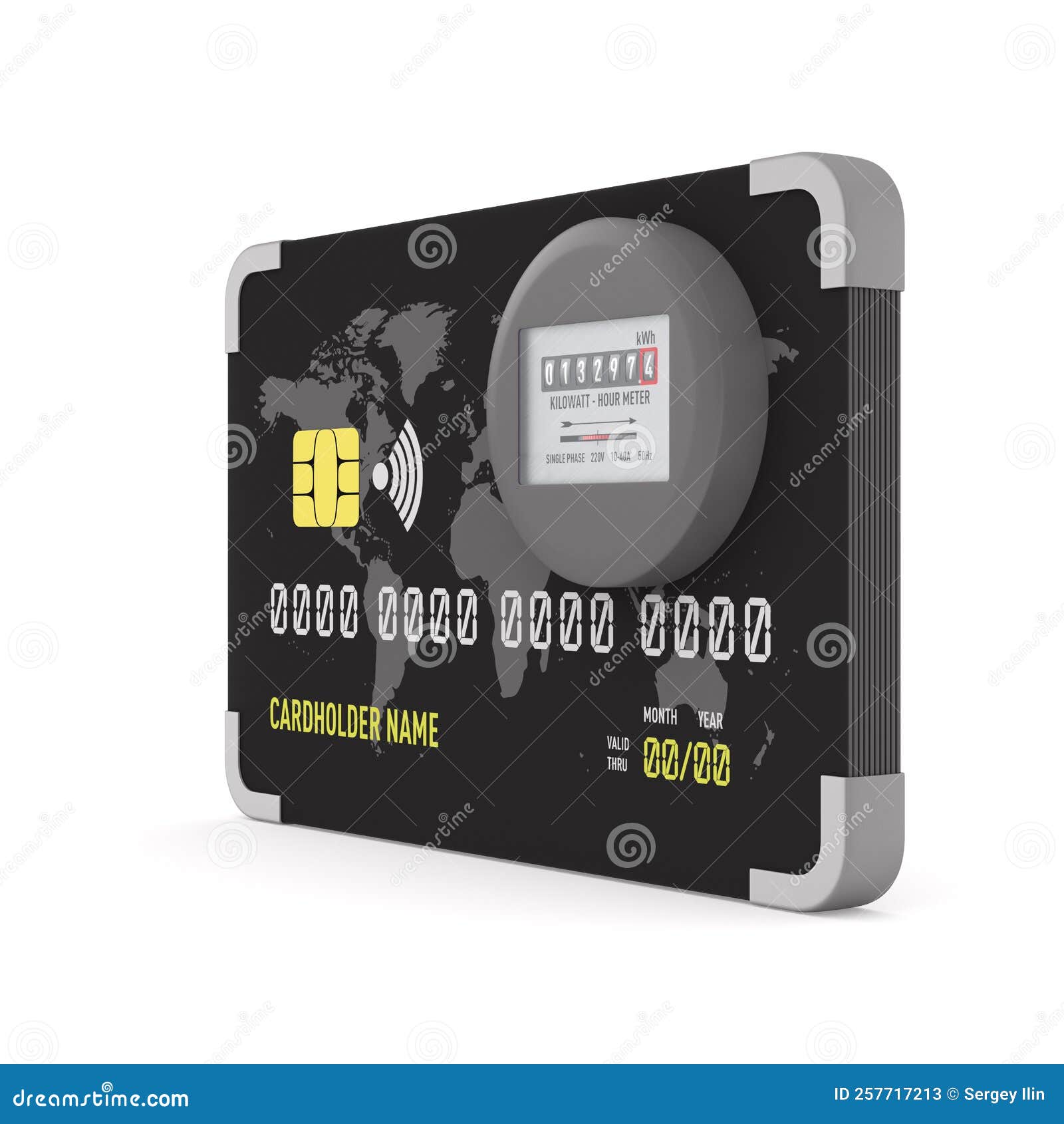 credit card with kilowatt hour electric meter on white background.  3d 
