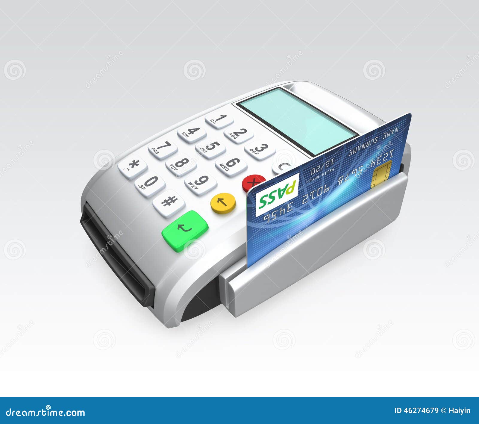 credit card swiping through a card-reader on gray background