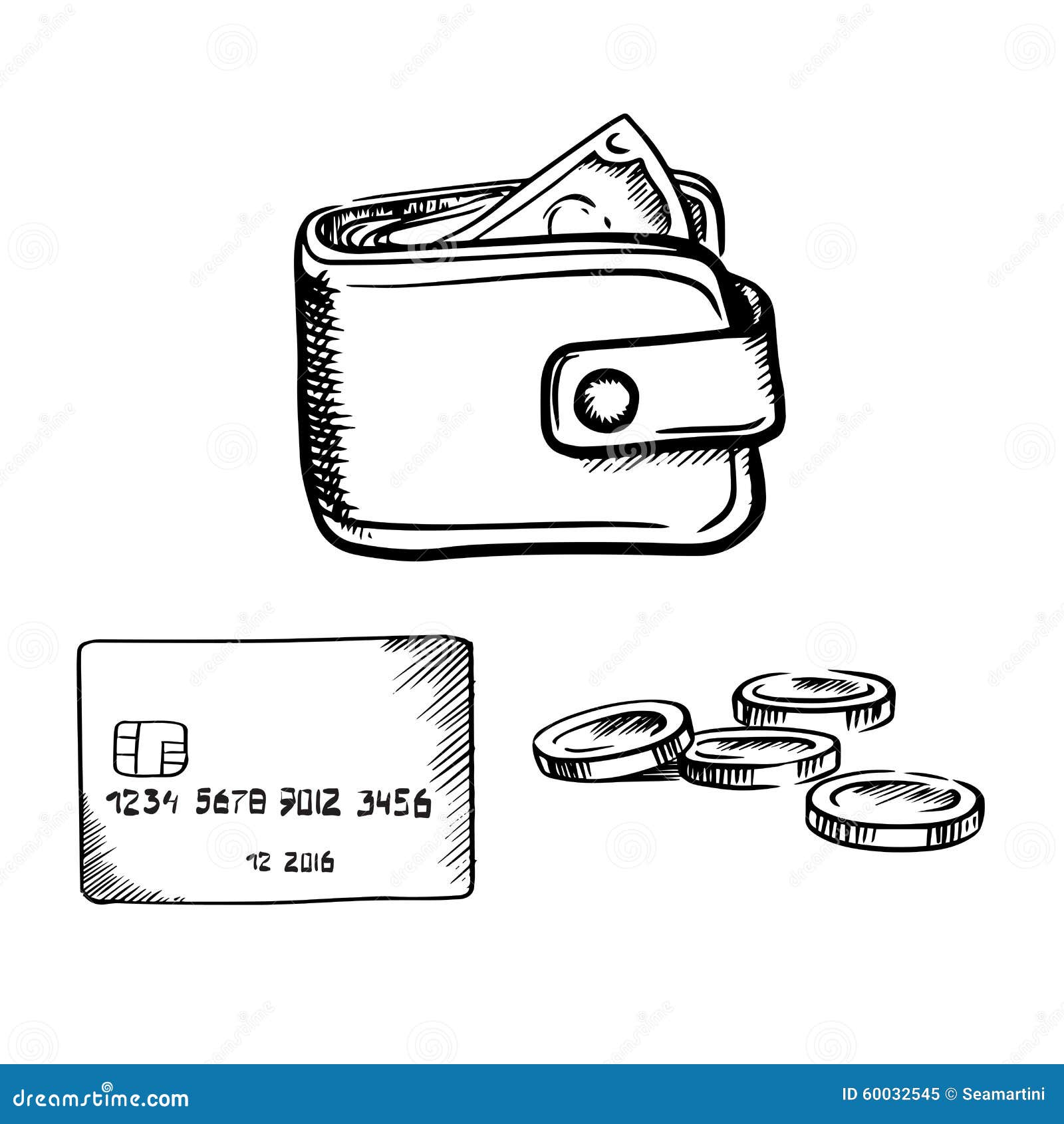 Credit Card, Wallet with Money and Coins Sketch Stock Vector ...