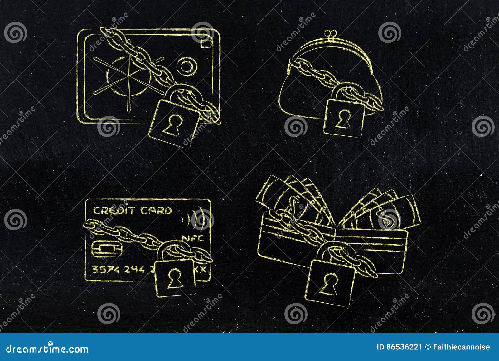 Credit Card Wallet Purse &safe With Lock And Chain Stock Illustration - Illustration of card ...
