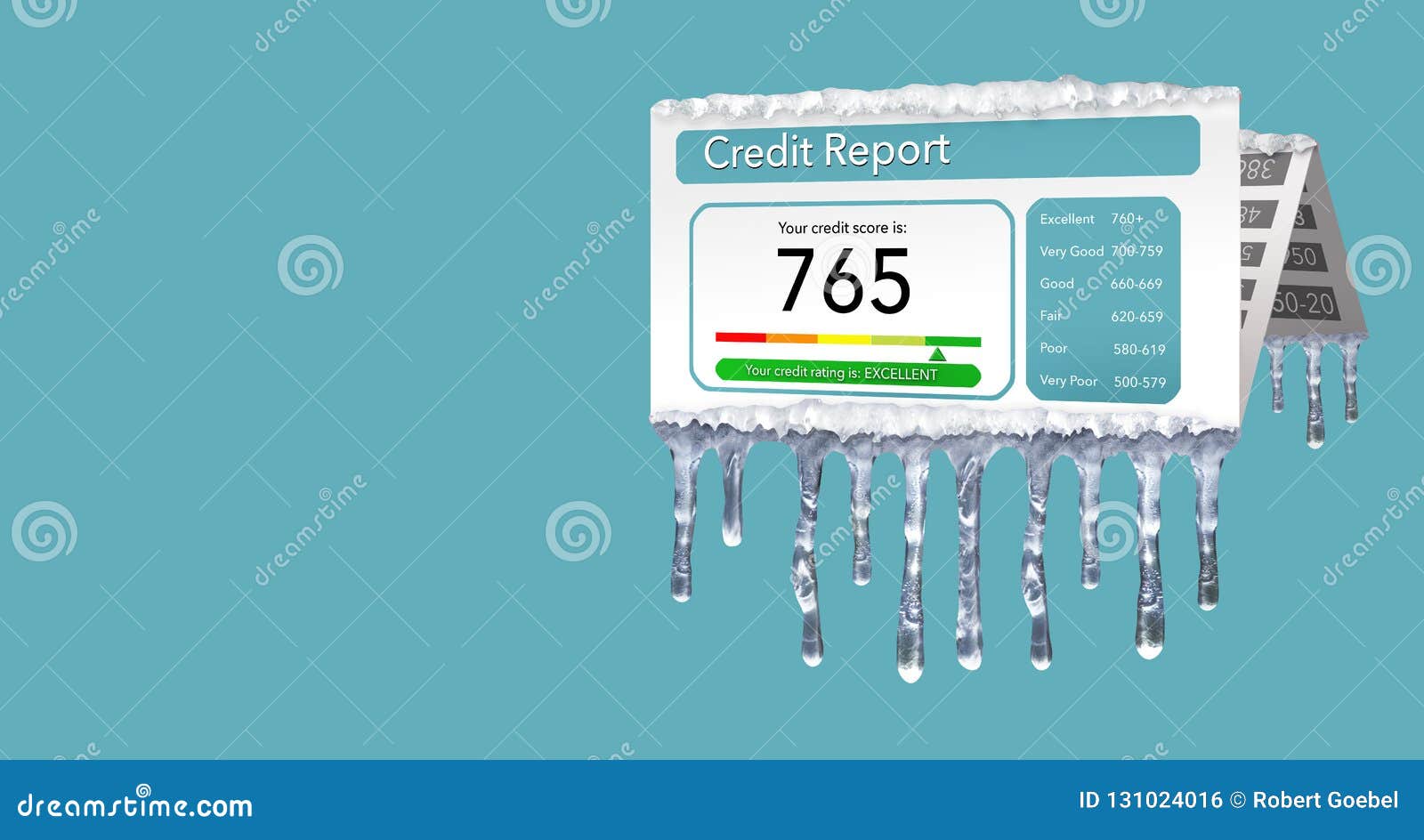 a credit freeze, or freeze on your credit report is represented with icicles and snow on a mock credit report  on the back