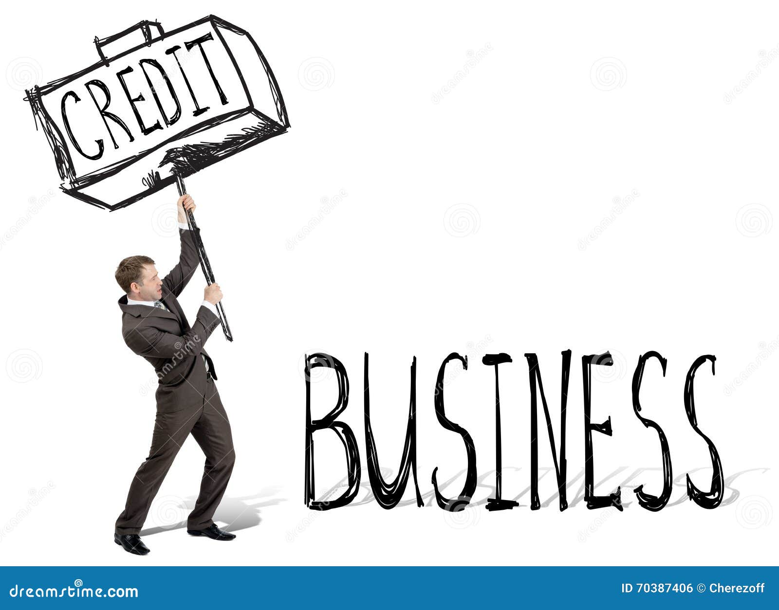 Credit hit business. Businessman with drawn hammer. White background