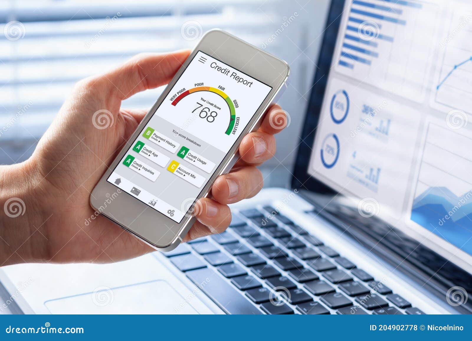 credit report with score rating app on smartphone screen showing creditworthiness of a person for loan and mortgage application