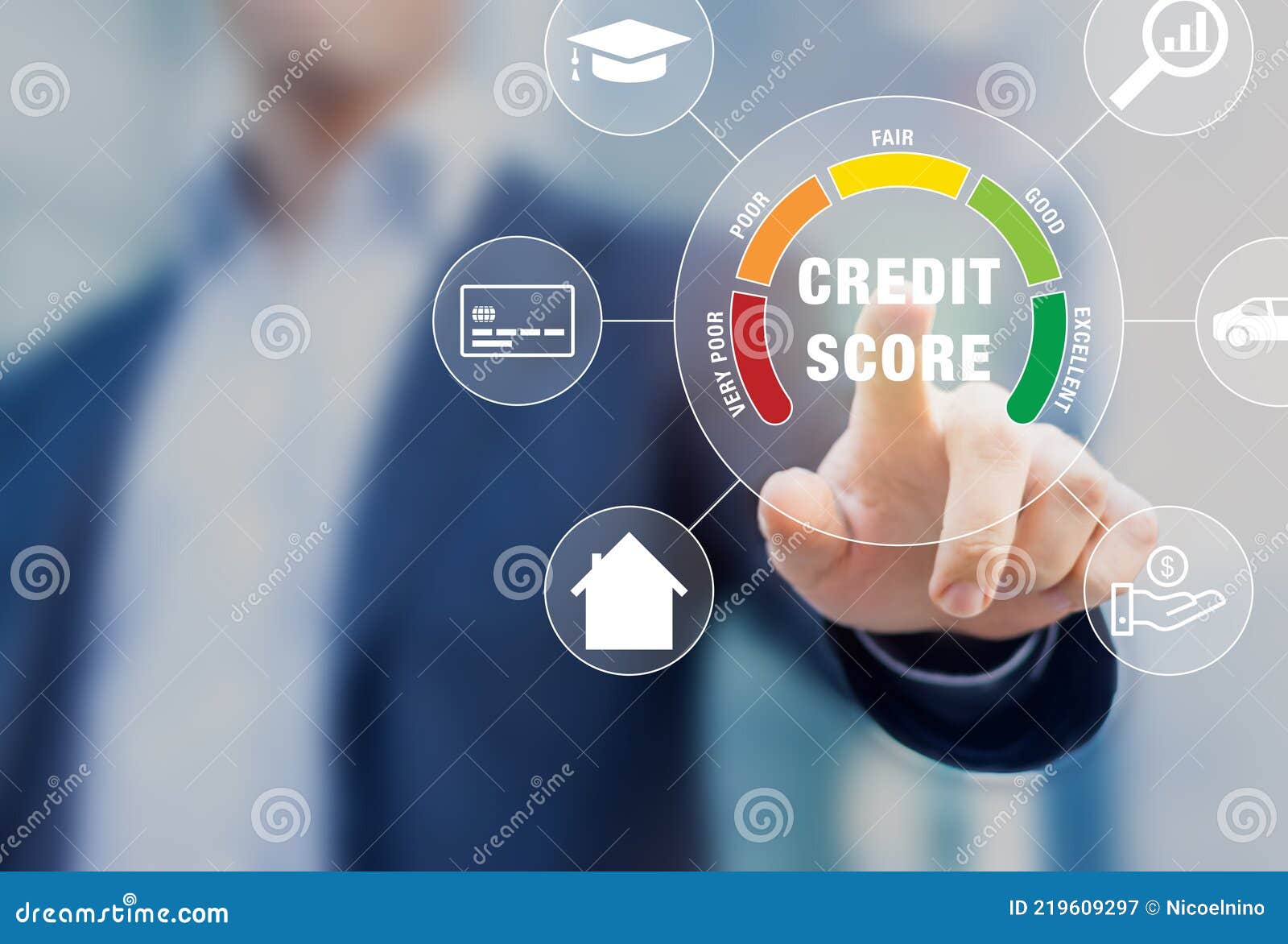 credit score rating based on debt reports showing creditworthiness or risk of individuals for student loan, mortgage and payment