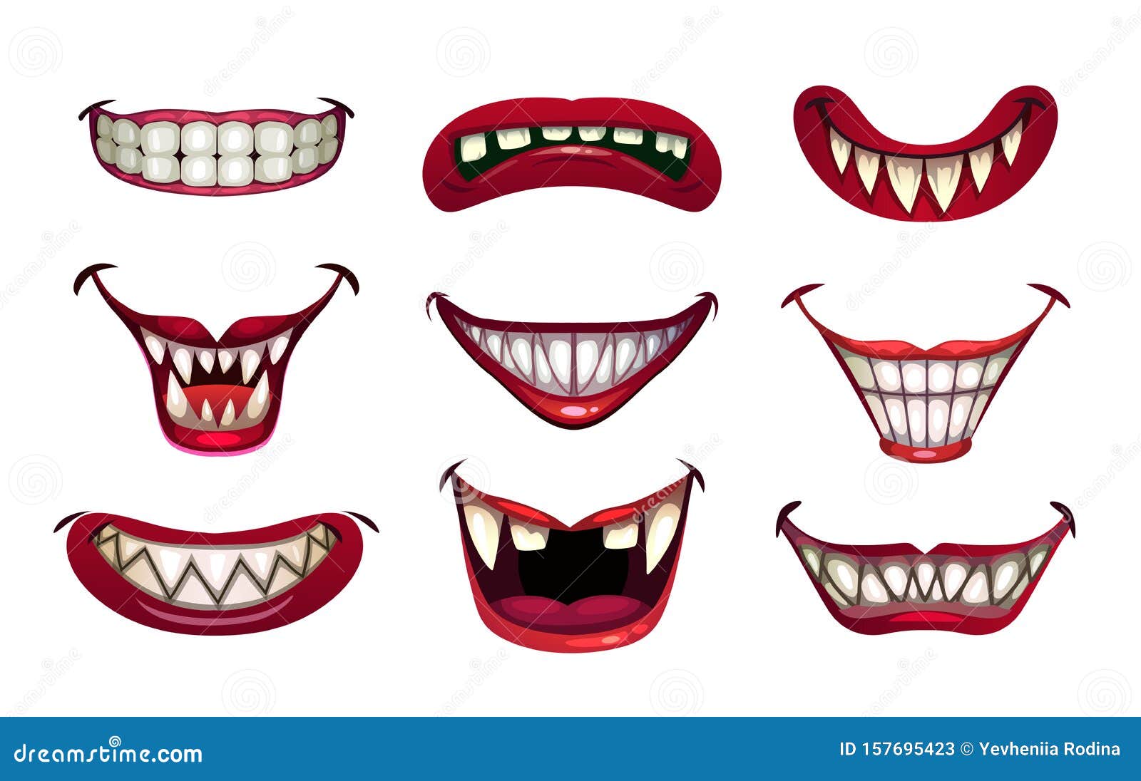 creepy clown mouths set. scary smile with jaws and red lips.